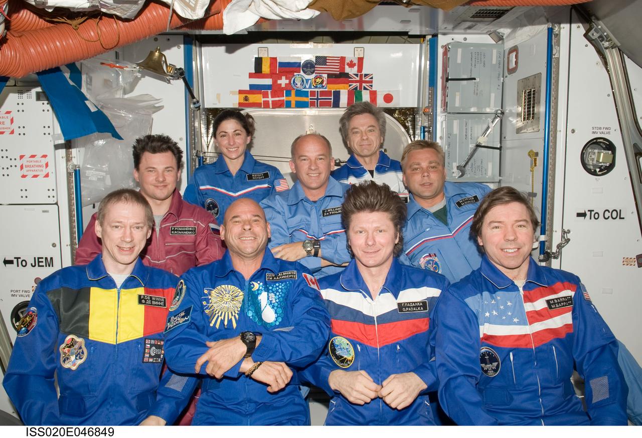 ISS020-E-046849 (5 Oct. 2009) --- Crew members on the International Space Station pose for a group photo following a joint crew news conference in the Harmony node of the International Space Station. Pictured from the left (front row) are European Space Agency astronaut Frank De Winne, Expedition 20 flight engineer and Expedition 21 commander; spaceflight participant Guy Laliberte; Russian cosmonaut Gennady Padalka, Expedition 19/20 commander; and NASA astronaut Michael Barratt, Expedition 19/20 flight engineer. From the left (middle row) are Russian cosmonaut Roman Romanenko, Expedition 20/21 flight engineer; NASA astronaut Jeffrey Williams, Expedition 21 flight engineer and Expedition 22 commander; and Russian cosmonaut Maxim Suraev, Expedition 21/22 flight engineer. Pictured on the back row are NASA astronaut Nicole Stott and Canadian Space Agency astronaut Robert Thirsk, both Expedition 20/21 flight engineers.