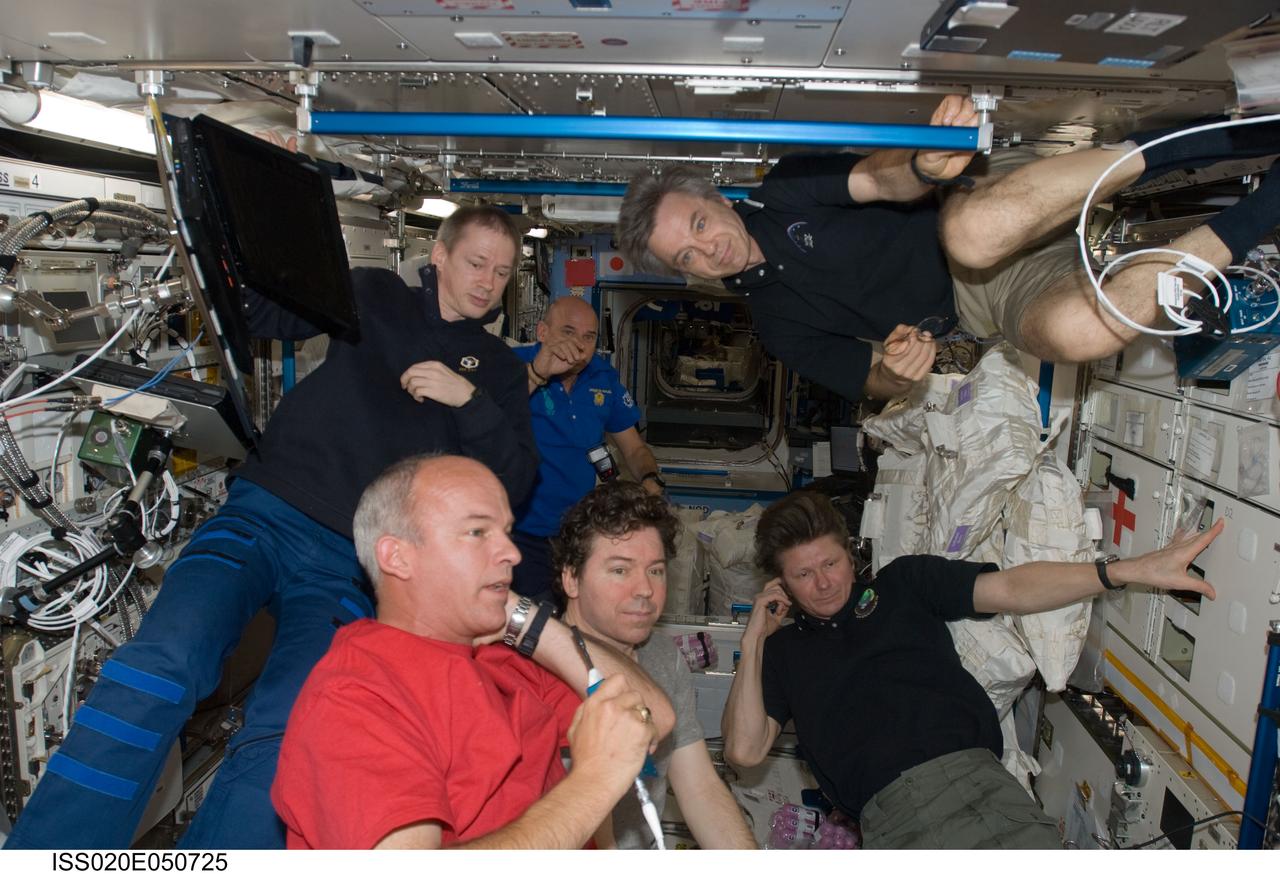 ISS020-E-050725 (8 Oct. 2009) --- NASA astronaut Jeffrey Williams (foreground), Expedition 21 flight engineer and Expedition 22 commander, uses a communication system in the Kibo laboratory of the International Space Station. Also pictured clockwise are NASA astronaut Michael Barratt (bottom), Expedition 20 flight engineer; European Space Agency astronaut Frank De Winne, Expedition 20 flight engineer and Expedition 21 commander; spaceflight participant Guy Laliberte; Canadian Space Agency astronaut Robert Thirsk, Expedition 20/21 flight engineer; and Russian cosmonaut Gennady Padalka, Expedition 20 commander.