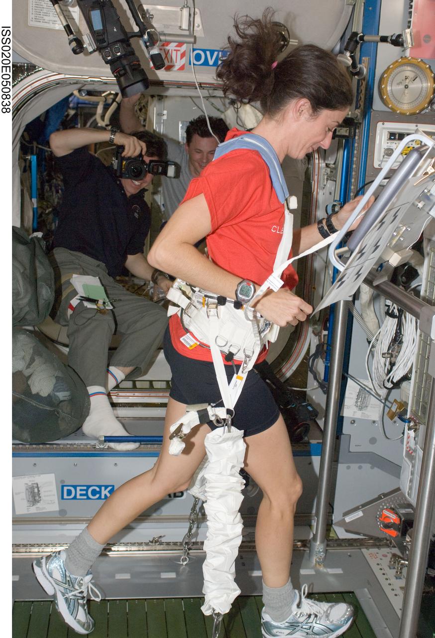 ISS020-E-050838 (9 Oct. 2009) --- NASA astronaut Nicole Stott, Expedition 20/21 flight engineer, equipped with a bungee harness, exercises on the Combined Operational Load Bearing External Resistance Treadmill (COLBERT) in the Harmony node of the International Space Station.
