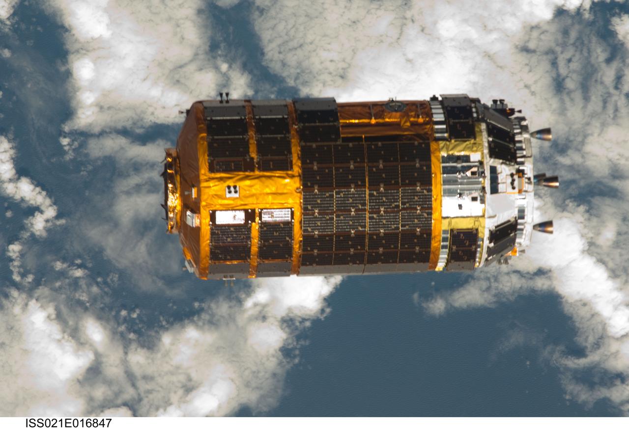 ISS021-E-016847 (30 Oct. 2009) --- Backdropped by a blue and white part of Earth, the unpiloted Japanese H-II Transfer Vehicle (HTV), filled with trash and unneeded items, departs from the International Space Station. European Space Agency astronaut Frank De Winne, Expedition 21 commander; NASA astronaut Nicole Stott and Canadian Space Agency astronaut Robert Thirsk, both flight engineers, used the station’s Canadarm2 robotic arm to grab the HTV cargo craft and unberth it from the Harmony node’s nadir port. The HTV was successfully unberthed at 10:18 a.m. (CDT) on Oct. 30, 2009, and released from the station’s Canadarm2 at 12:32 p.m.