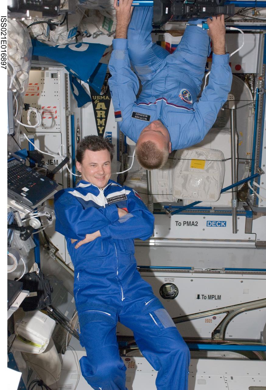 ISS021-E-016897 (12 Oct. 2009) --- Russian cosmonauts Roman Romanenko (left) and Maxim Suraev, both Expedition 21 flight engineers, participate in a PAO/TV downlink event from the Harmony node of the International Space Station. During the event, the crew members sent greetings to AK-47 Chief Designer M. T. Kalashnikov on his 90th birthday and to the participants of the Tenth Youth Tsiolkovsky Readings; along with a greeting to the 17th Annual International Space Olympiad for School Children, hosted by the City of Korolev.