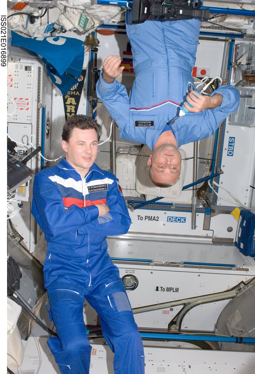 ISS021-E-016899 (12 Oct. 2009) --- Russian cosmonauts Roman Romanenko (left) and Maxim Suraev, both Expedition 21 flight engineers, participate in a PAO/TV downlink event from the Harmony node of the International Space Station. During the event, the crew members sent greetings to AK-47 Chief Designer M. T. Kalashnikov on his 90th birthday and to the participants of the Tenth Youth Tsiolkovsky Readings; along with a greeting to the 17th Annual International Space Olympiad for School Children, hosted by the City of Korolev.