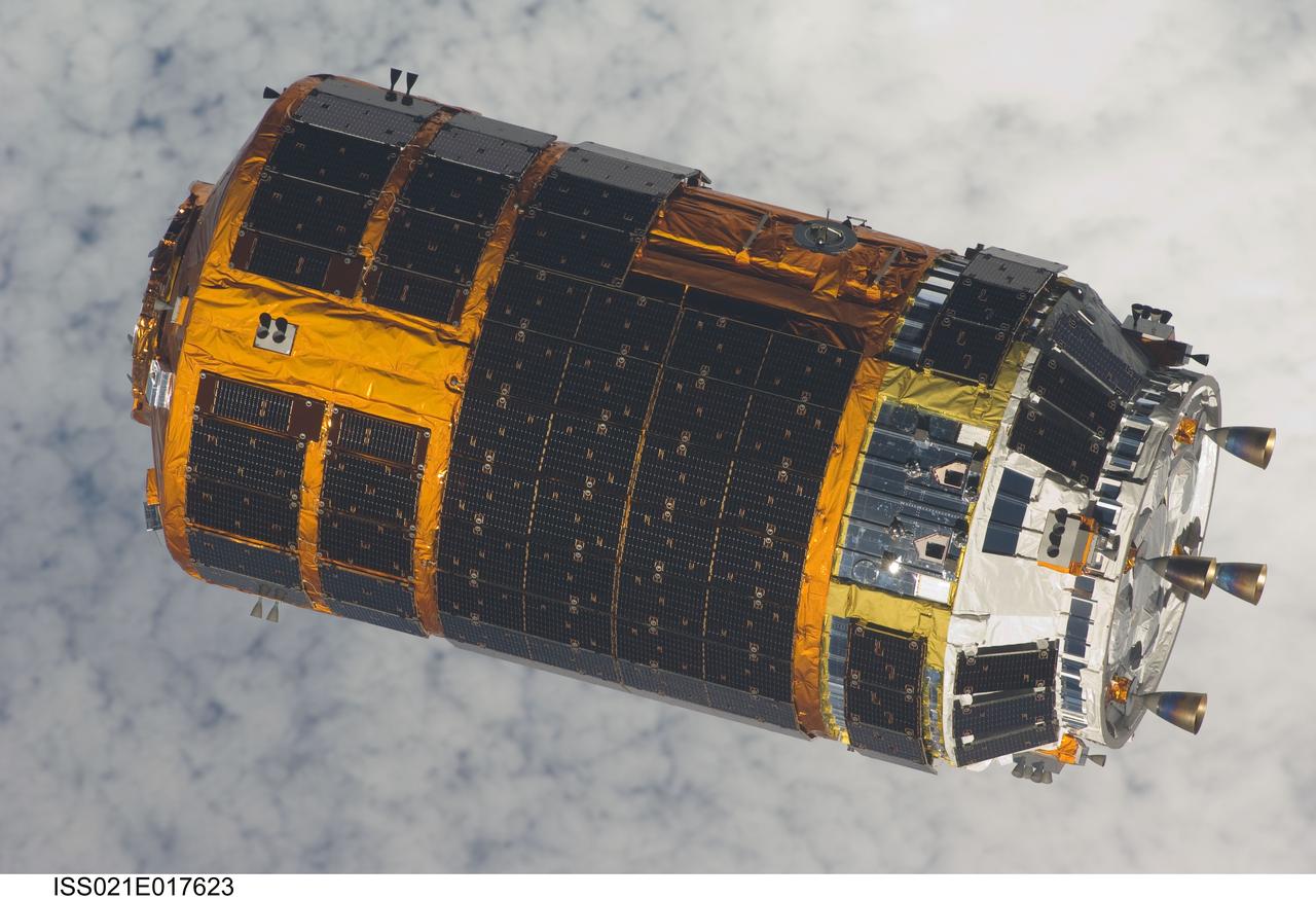 ISS021-E-017623 (30 Oct. 2009) --- Backdropped by a cloud-covered part of Earth, the unpiloted Japanese H-II Transfer Vehicle (HTV), filled with trash and unneeded items, departs from the International Space Station. European Space Agency astronaut Frank De Winne, Expedition 21 commander; NASA astronaut Nicole Stott and Canadian Space Agency astronaut Robert Thirsk, both flight engineers, used the station’s Canadarm2 robotic arm to grab the HTV cargo craft and unberth it from the Harmony node’s nadir port. The HTV was successfully unberthed at 10:18 a.m. (CDT) on Oct. 30, 2009, and released from the station’s Canadarm2 at 12:32 p.m.