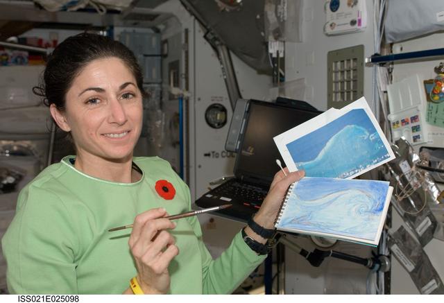 NASA image: NASA astronaut Nicole Stott paints with watercolors onboard the International Space Station.