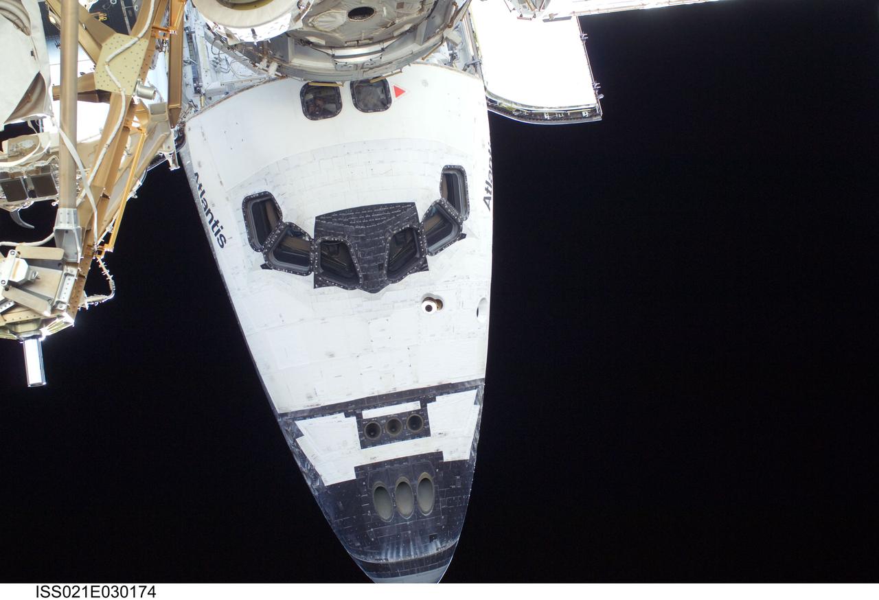 ISS021-E-030174 (19 Nov. 2009) --- The top exterior of Space Shuttle Atlantis? crew cabin is featured in this image photographed by an STS-129 crew member during the mission's first session of extravehicular activity (EVA).