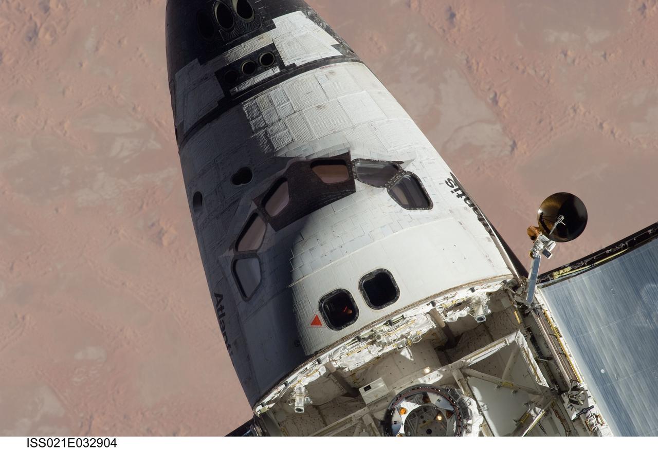 ISS021-E-032904 (25 Nov. 2009) --- The forward section of space shuttle Atlantis (STS-129) is featured in this image photographed by an Expedition 21 crew member on the International Space Station soon after the shuttle and station began their post-undocking relative separation. Undocking of the two spacecraft occurred at 3:53 a.m. (CST) on Nov. 25, 2009.