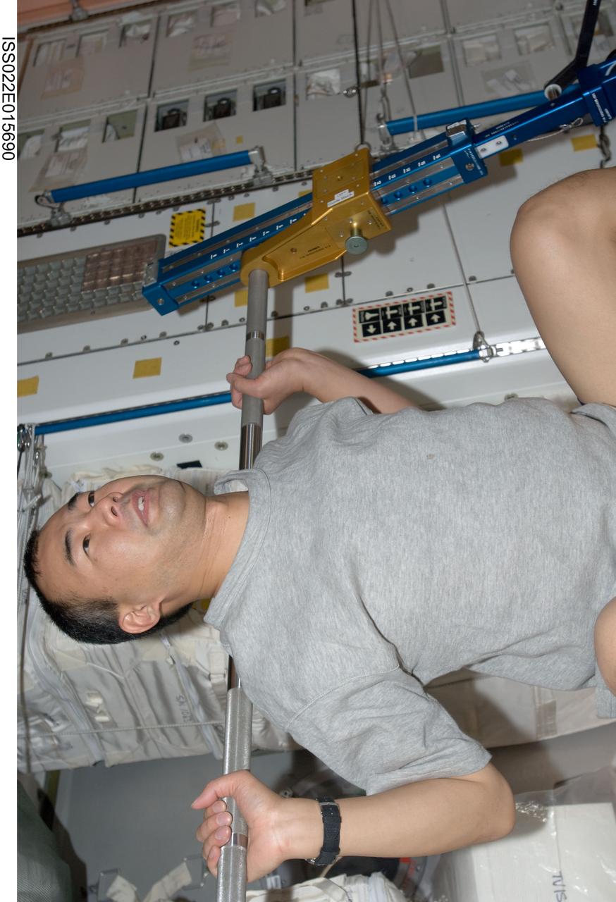 ISS022-E-015690 (28 Dec. 2009) --- Japan Aerospace Exploration Agency astronaut Soichi Noguchi, Expedition 22 flight engineer, exercises using the advanced Resistive Exercise Device (aRED) in the Unity node of the International Space Station.