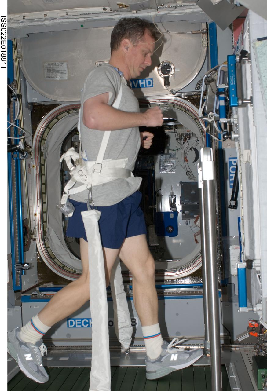 ISS022-E-018811 (2 Jan. 2010) --- NASA astronaut T.J. Creamer, Expedition 22 flight engineer, equipped with a bungee harness, exercises on the Combined Operational Load Bearing External Resistance Treadmill (COLBERT) in the Harmony node of the International Space Station.
