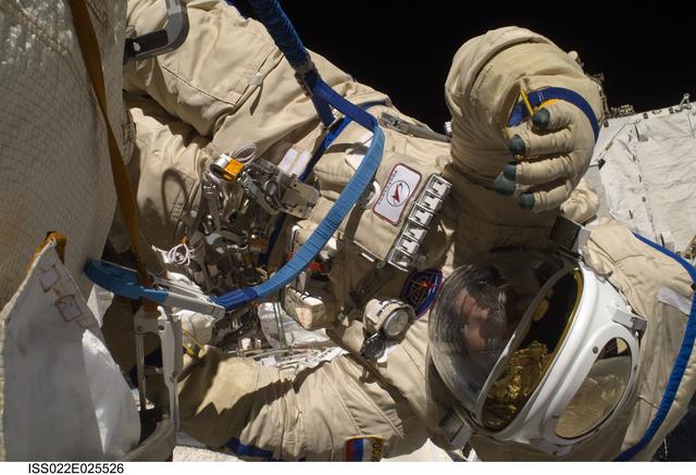 NASA image: Suraev works to setup the Mini-Research Module 2 (MRM2) during EVA 24