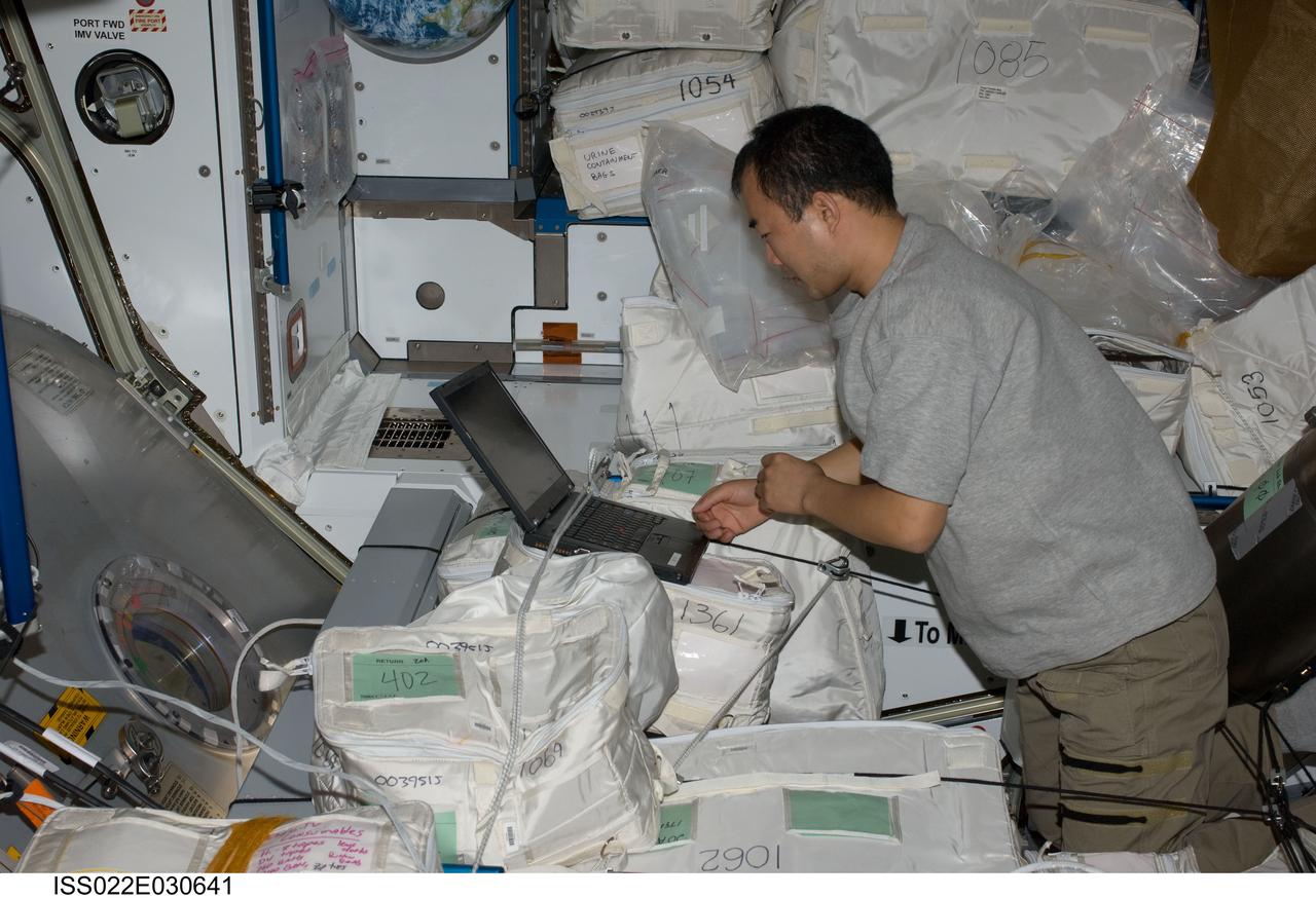 ISS022-E-030641 (19 Jan. 2010) --- Japan Aerospace Exploration Agency (JAXA) astronaut Soichi Noguchi, Expedition 22 flight engineer, uses a computer in the Harmony node of the International Space Station.