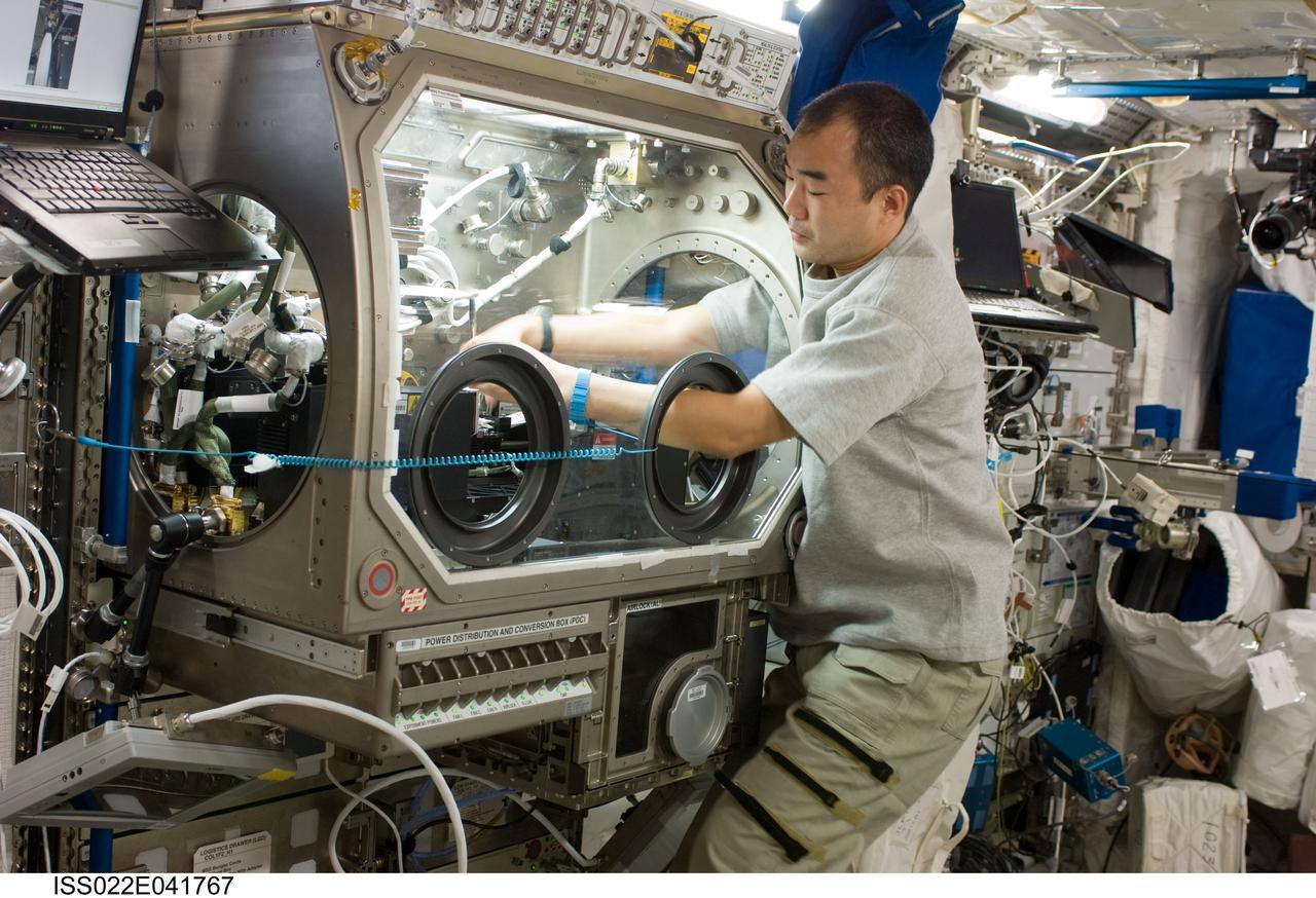 ISS022-E-041767 (28 Jan. 2010) --- Japan Aerospace Exploration Agency (JAXA) astronaut Soichi Noguchi, Expedition 22 flight engineer, works with the European Space Agency (ESA) science payload Selectable Optical Diagnostics Instrument / Influence of Vibration on Diffusion in Liquids (SODI/IVIDIL) hardware in the Microgravity Science Glovebox (MSG) facility located in the Columbus laboratory of the International Space Station.