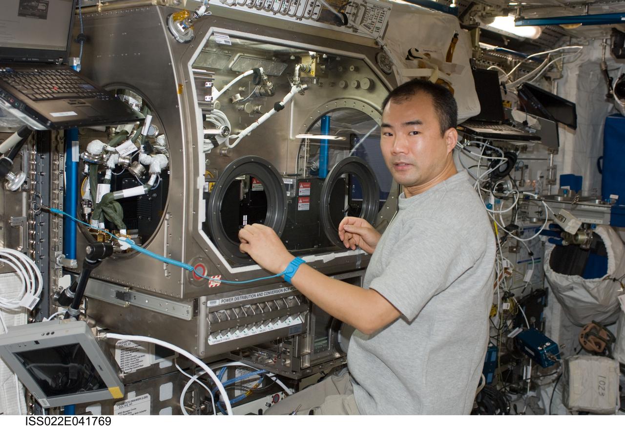 ISS022-E-041769 (28 Jan. 2010) --- Japan Aerospace Exploration Agency (JAXA) astronaut Soichi Noguchi, Expedition 22 flight engineer, works with the European Space Agency (ESA) science payload Selectable Optical Diagnostics Instrument / Influence of Vibration on Diffusion in Liquids (SODI/IVIDIL) hardware in the Microgravity Science Glovebox (MSG) facility located in the Columbus laboratory of the International Space Station.