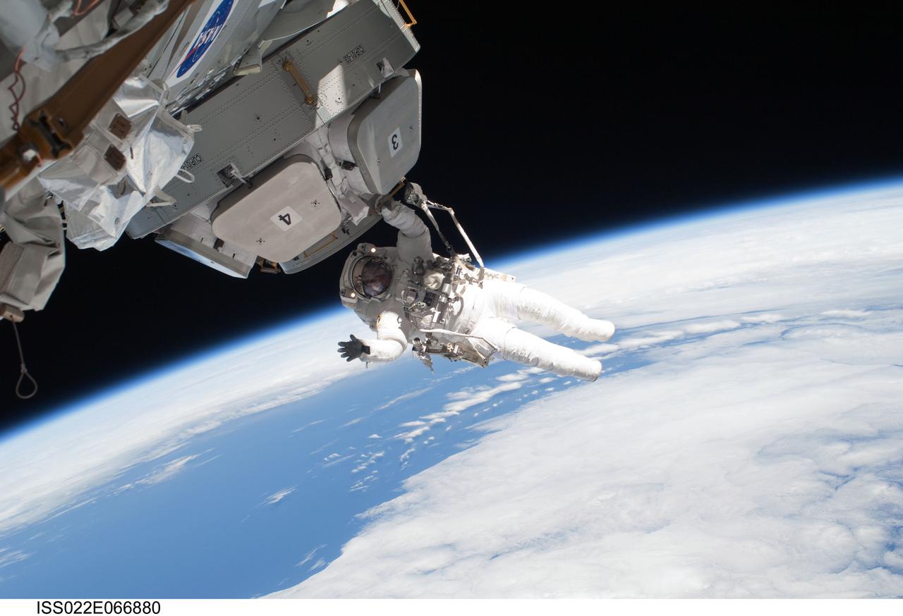 ISS022-E-066880 (17 Feb. 2010) --- NASA astronaut Nicholas Patrick, STS-130 mission specialist, participates in the mission’s third and final session of extravehicular activity (EVA) as construction and maintenance continue on the International Space Station. During the five-hour, 48-minute spacewalk, Patrick and astronaut Robert Behnken (out of frame), mission specialist, completed all of their planned tasks, removing insulation blankets and removing launch restraint bolts from each of the Cupola’s seven windows.