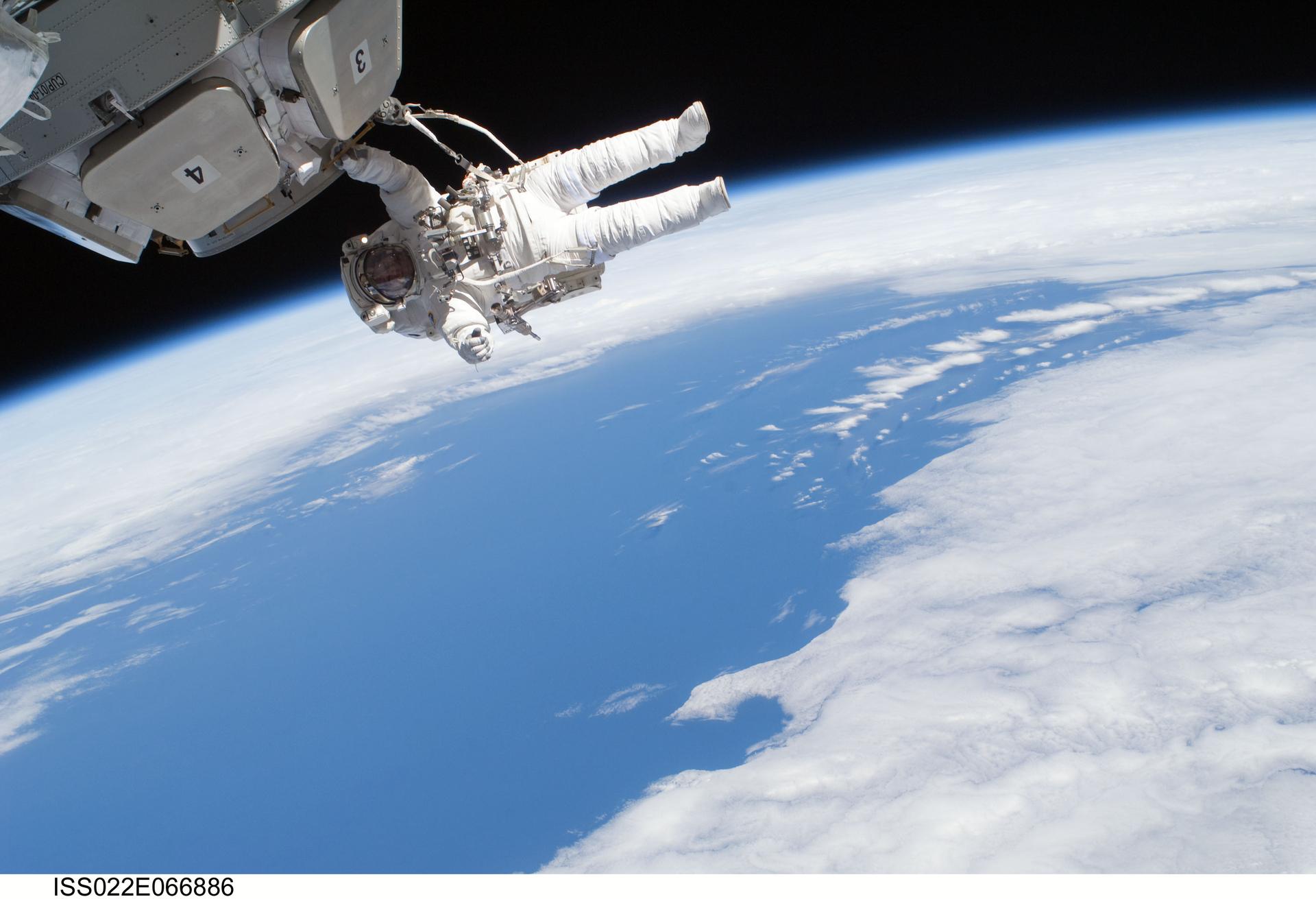 ISS022-E-066886 (17 Feb. 2010) --- NASA astronaut Nicholas Patrick, STS-130 mission specialist, participates in the mission’s third and final session of extravehicular activity (EVA) as construction and maintenance continue on the International Space Station. During the five-hour, 48-minute spacewalk, Patrick and astronaut Robert Behnken (out of frame), mission specialist, completed all of their planned tasks, removing insulation blankets and removing launch restraint bolts from each of the Cupola’s seven windows.