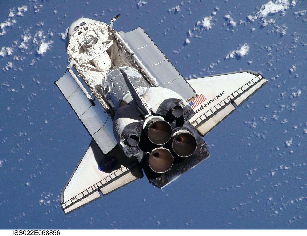 ISS022-E-068856 (9 Feb. 2010) --- This view of the space shuttle Endeavour, taken on Feb. 9 from the International Space Station as the two spacecraft conducted their rendezvous operations, was downlinked by the Expedition 22 crew on Feb. 19. The Tranquility node and the Cupola can be seen in the shuttle's payload bay.