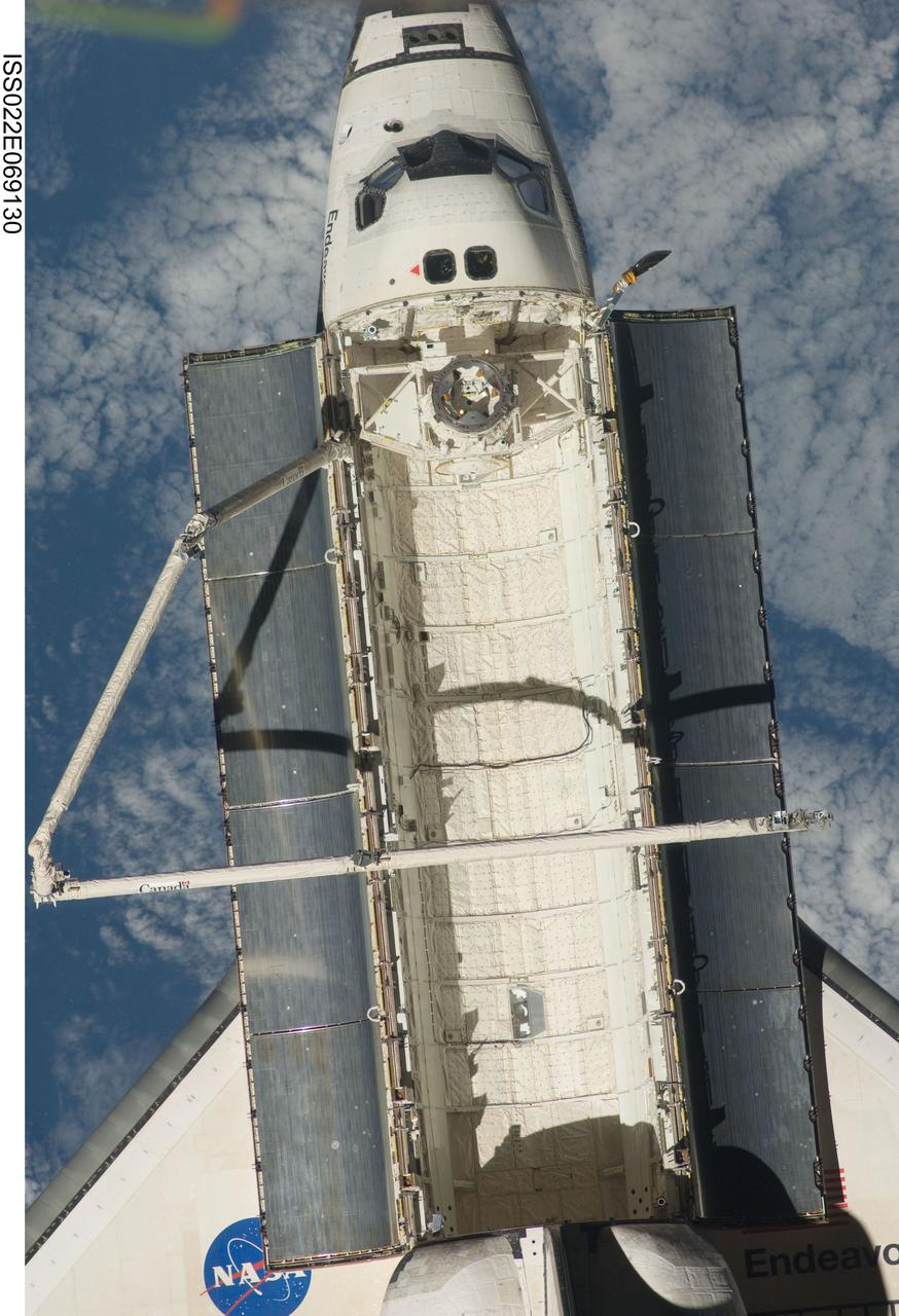 ISS022-E-069130 (19 Feb. 2010) --- A close-up view of the space shuttle Endeavour is featured in this image photographed by an Expedition 22 crew member on the International Space Station soon after the shuttle and station began their post-undocking relative separation. Undocking of the two spacecraft occurred at 7:54 p.m. (EST) on Feb. 19, 2010.