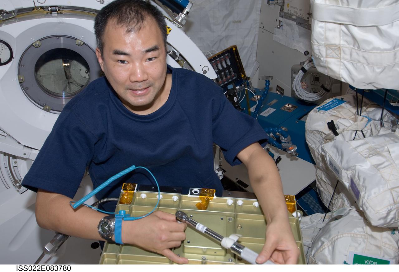 ISS022-E-083780 (8 March 2010) --- Japan Aerospace Exploration Agency (JAXA) astronaut Soichi Noguchi, Expedition 22 flight engineer, works with hardware in the Kibo laboratory of the International Space Station.
