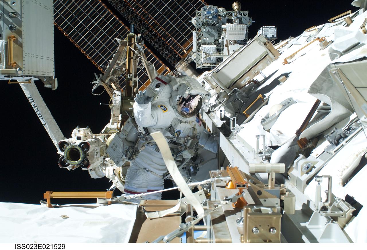 ISS023-E-021529 (11 April 2010) --- NASA astronaut Rick Mastracchio, STS-131 mission specialist, participates in the mission's second session of extravehicular activity (EVA) as construction and maintenance continue on the International Space Station. During the seven-hour, 26-minute spacewalk, Mastracchio and astronaut Clayton Anderson (out of frame), mission specialist, unhooked and removed the depleted ammonia tank and installed a 1,700-pound ammonia tank on the station’s Starboard 1 truss, completing the second of a three-spacewalk coolant tank replacement process.