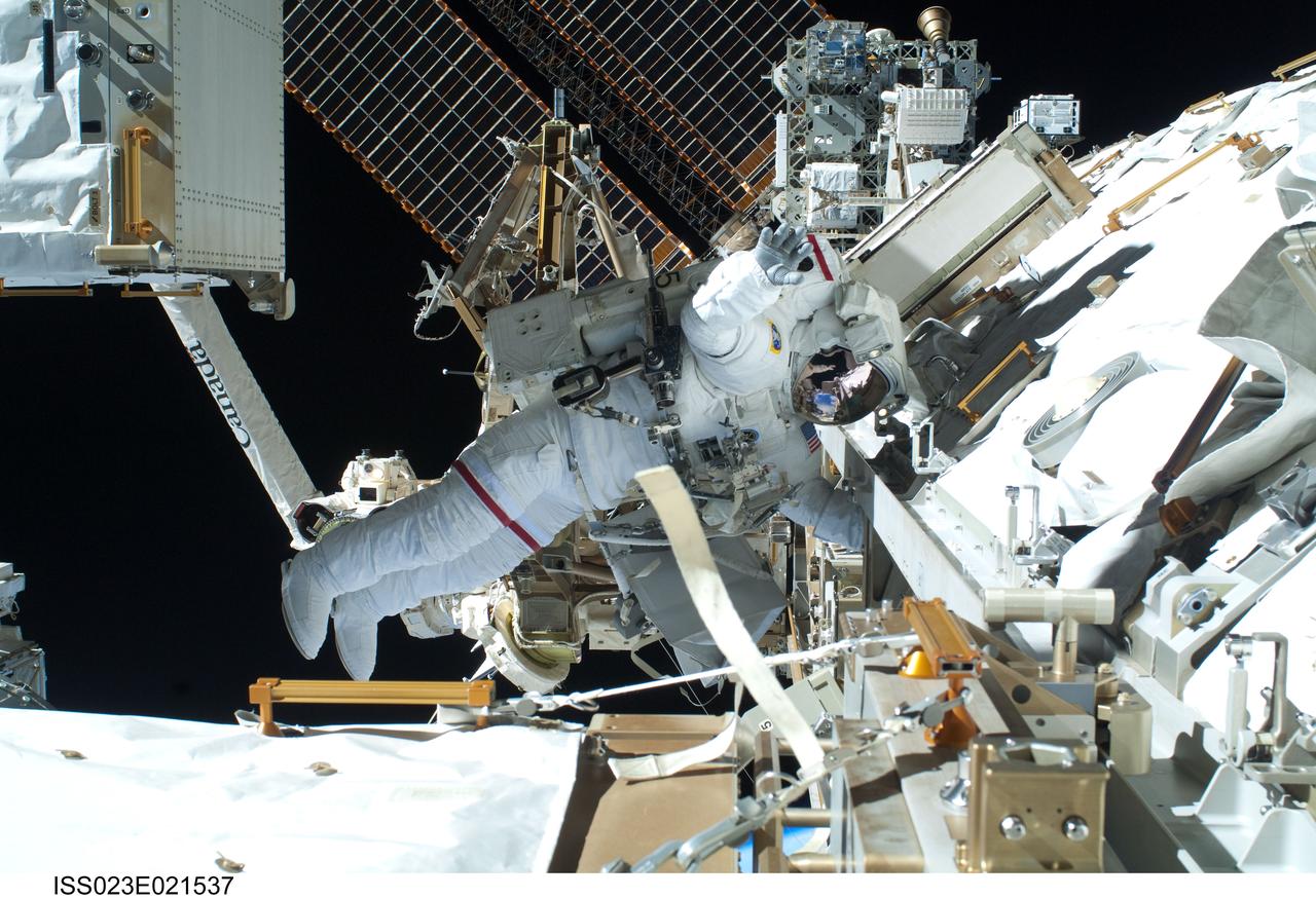 ISS023-E-021537 (11 April 2010) --- NASA astronaut Rick Mastracchio, STS-131 mission specialist, participates in the mission's second session of extravehicular activity (EVA) as construction and maintenance continue on the International Space Station. During the seven-hour, 26-minute spacewalk, Mastracchio and astronaut Clayton Anderson (out of frame), mission specialist, unhooked and removed the depleted ammonia tank and installed a 1,700-pound ammonia tank on the station’s Starboard 1 truss, completing the second of a three-spacewalk coolant tank replacement process.