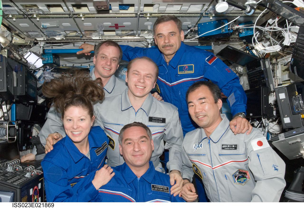 ISS023-E-021869 (12 April 2010) --- Expedition 23 crew members pose for a in-flight crew portrait in the Destiny laboratory of the International Space Station while space shuttle Discovery (STS-131) remains docked with the station. Russian cosmonaut Oleg Kotov, commander, is at center. Also pictured clockwise (from bottom center) are Russian cosmonaut Alexander Skvortsov, NASA astronauts Tracy Caldwell Dyson and T.J. Creamer, Russian cosmonaut Mikhail Kornienko and Japan Aerospace Exploration Agency (JAXA) astronaut Soichi Noguchi, all flight engineers.
