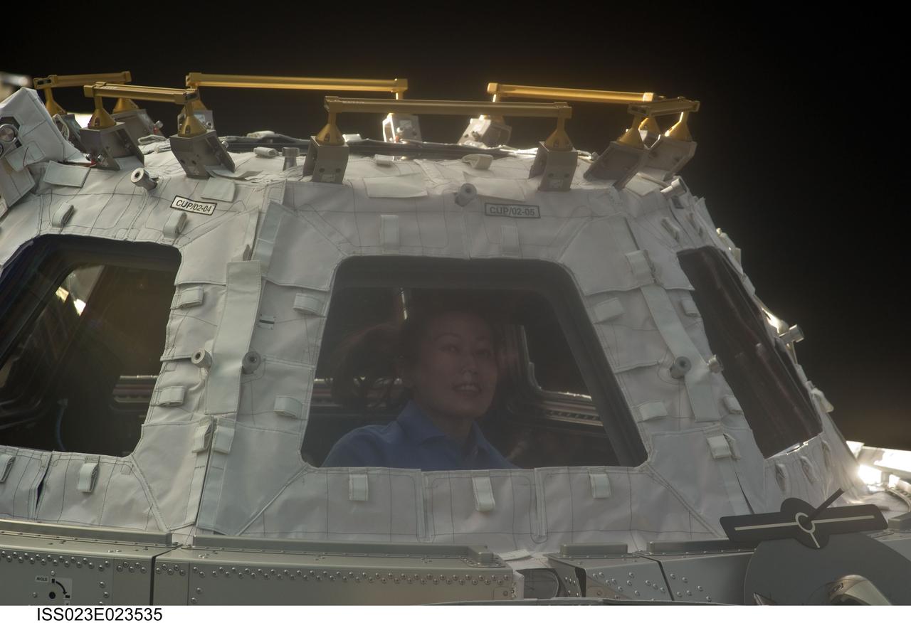 ISS023-E-023535 (14 April 2010) --- Japan Aerospace Exploration Agency astronaut Naoko Yamazaki, STS-131 mission specialist, is pictured in a window of the Cupola of the International Space Station while space shuttle Discovery remains docked with the station.