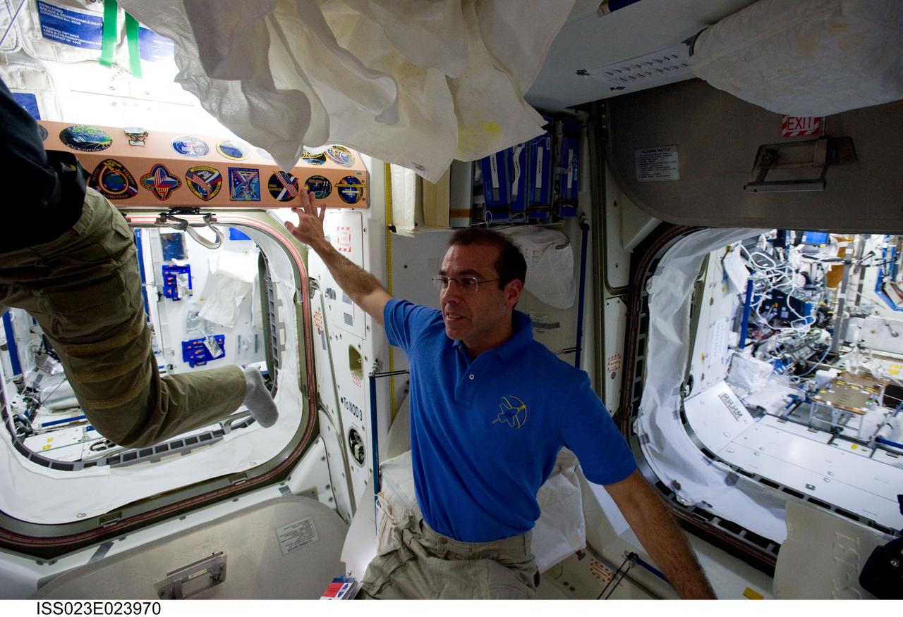 ISS023-E-023970 (14 April 2010) --- NASA astronaut Rick Mastracchio, STS-131 mission specialist, is pictured in the Unity node of the International Space Station while space shuttle Discovery remains docked with the station.