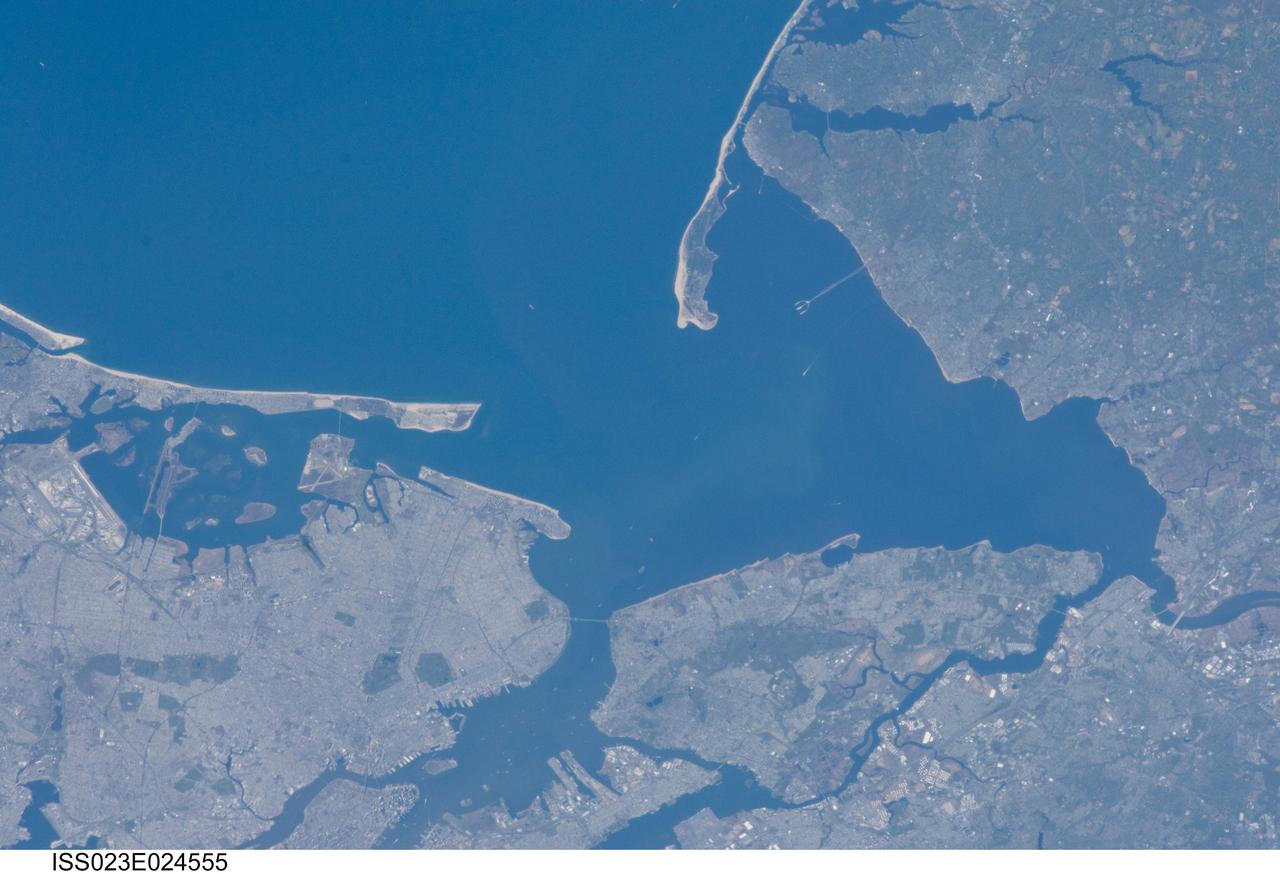 ISS023-E-024555 (14 April 2010) ---Parts of New Jersey, right side of frame, and New York City (generally, left part of photo) are the focus of this still image downlinked from the International Space Station while docked with the space shuttle Discovery.