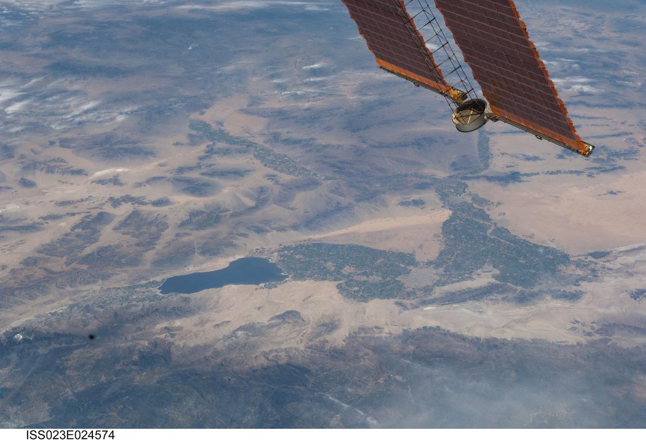 ISS023-E-024574 (15 April 2010) --- The Salton Sea and Imperial Valley are in the center of this scene photographed from the International Space Station (note solar panels, upper right). The orbital outpost and space shuttle Discovery have been docked for several days as an aggregation of 13 astronauts and cosmonauts continue work on the station. The two spacecraft will undock over the weekend and the shuttle is scheduled to return its crew of seven back home on Earth on April 19.