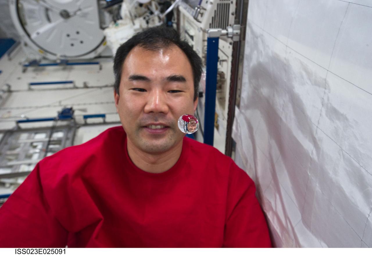 ISS023-E-025091 (19 April 2010) --- Japan Aerospace Exploration Agency (JAXA) astronaut Soichi Noguchi, Expedition 23 flight engineer, watches a water bubble float freely between him and the camera, showing his image refracted, in the Kibo laboratory of the International Space Station.
