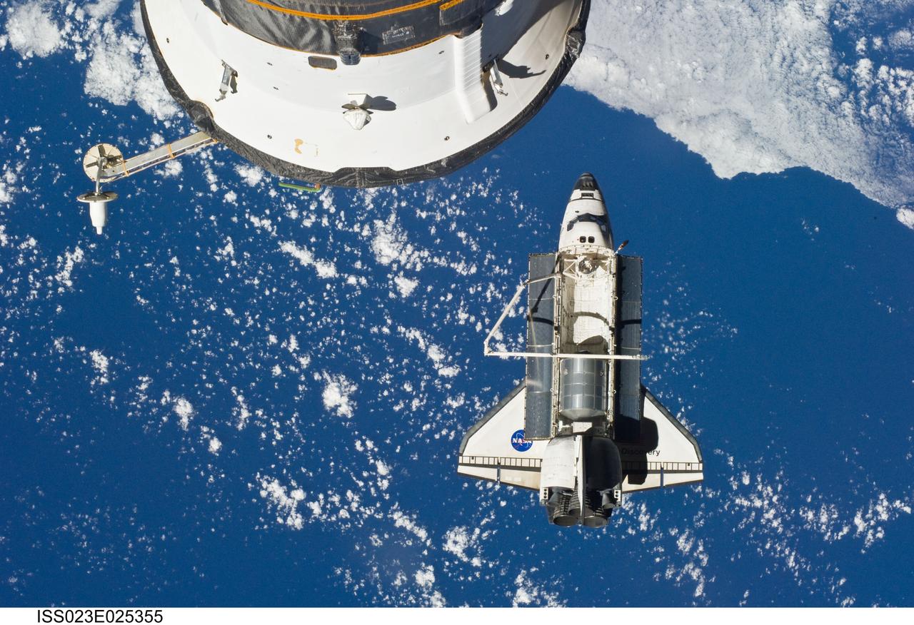 ISS023-E-025355 (17 April 2010) --- Space shuttle Discovery is featured in this image photographed by an Expedition 23 crew member on the International Space Station soon after the shuttle and station began their post-undocking relative separation. Undocking of the two spacecraft occurred at 7:52 a.m. (CDT) on April 17, 2010, ending a stay of 10 days, 5 hours and 8 minutes. The visit included three spacewalks and delivery of more than seven tons of equipment and supplies. A blue and white part of Earth provides the backdrop for the scene. A small portion of a Russian spacecraft, docked with the station, is visible at top.
