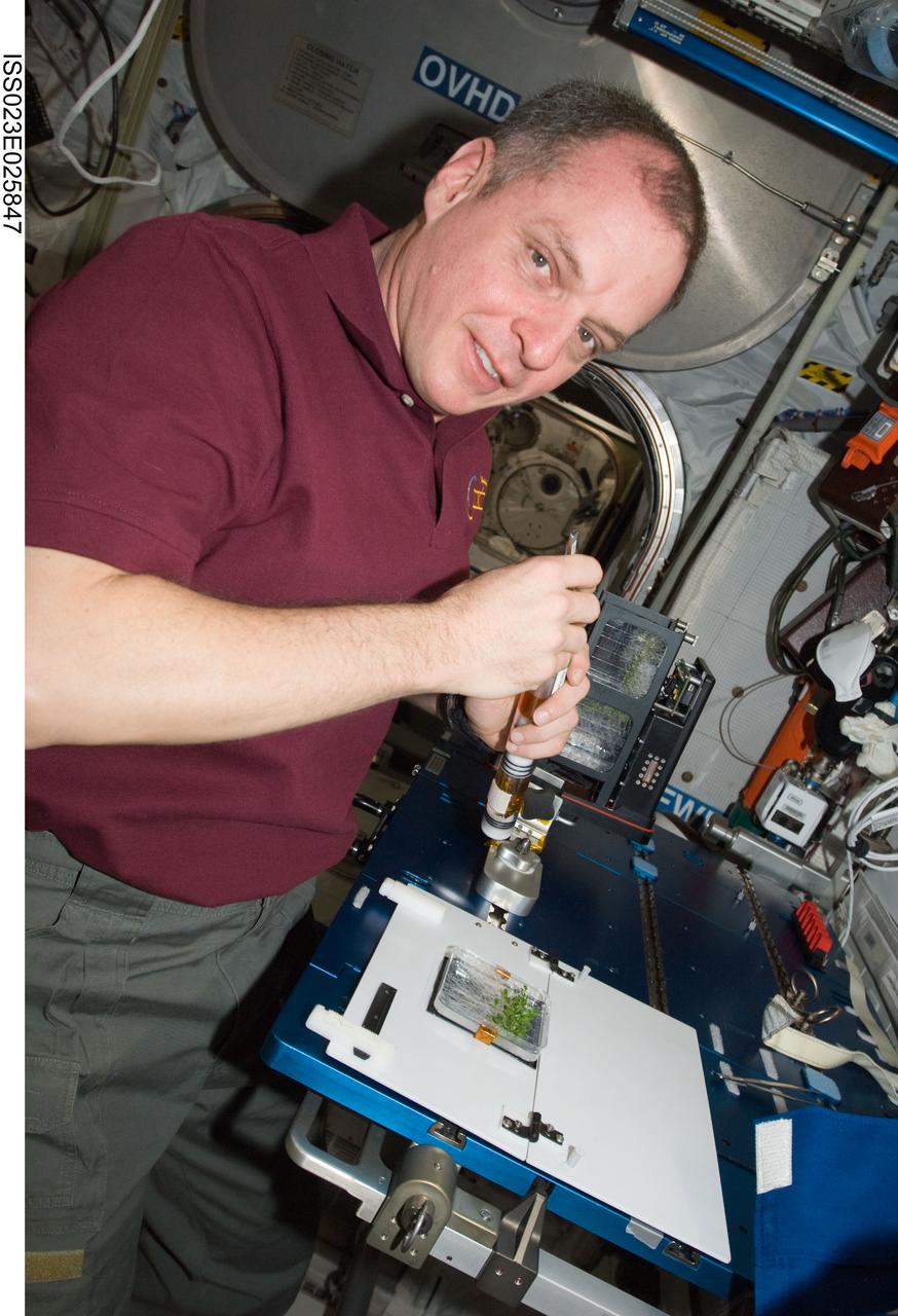 ISS023-E-025847 (21 April 2010) --- NASA astronaut T.J. Creamer, Expedition 23 flight engineer, services the Advanced Plant Experiments on Orbit-Cambium (APEX-Cambium) experiment in the Columbus laboratory of the International Space Station.