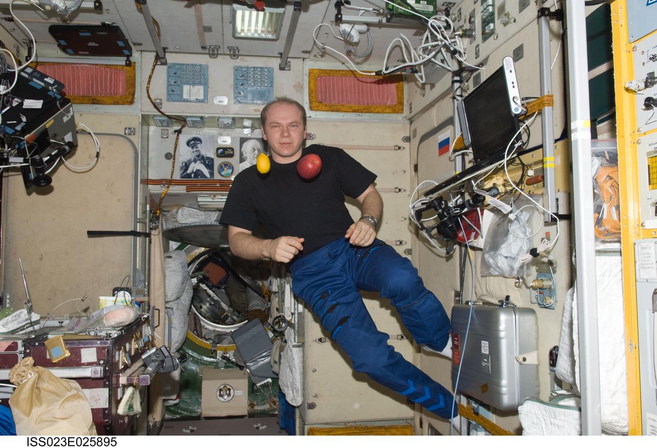 ISS023-E-025895 (18 April 2010) --- Russian cosmonaut Oleg Kotov, Expedition 23 commander, is pictured near fresh fruit floating freely in the Zvezda Service Module of the International Space Station.