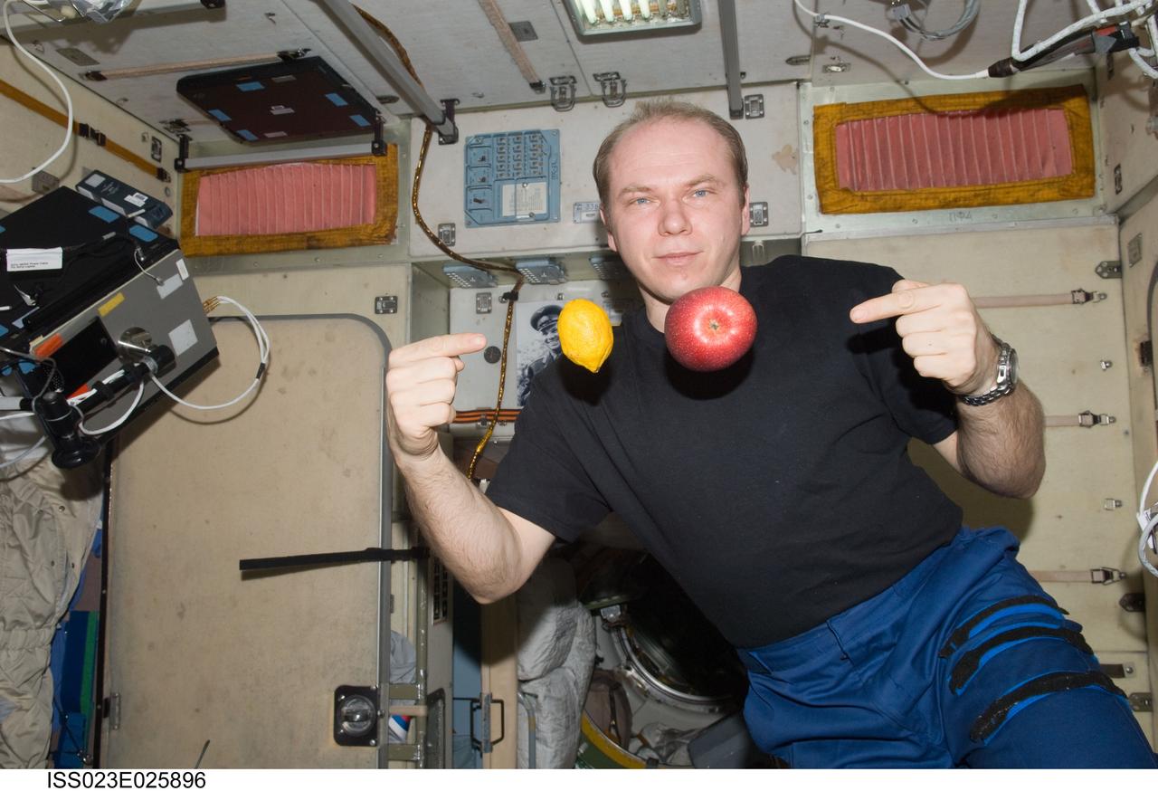 ISS023-E-025896 (18 April 2010) --- Russian cosmonaut Oleg Kotov, Expedition 23 commander, is pictured near fresh fruit floating freely in the Zvezda Service Module of the International Space Station.