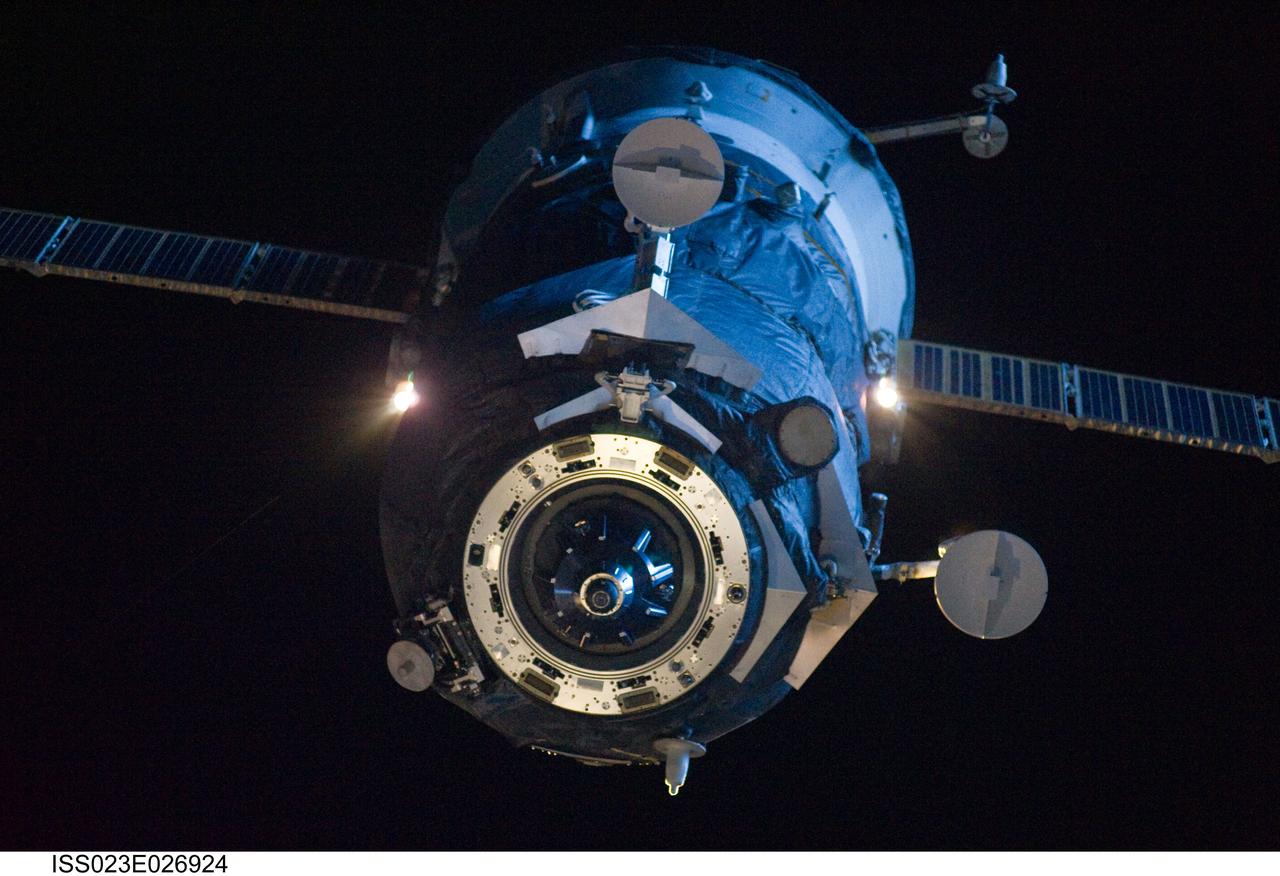 ISS023-E-026924 (22 April 2010) --- The unpiloted ISS Progress 35 supply vehicle departs from the International Space Station's Pirs Docking Compartment on April 22, 2010. Filled with trash and discarded items, the Progress will be used for scientific experiments until it is deorbited and burned up in Earth's atmosphere. Its departure clears the way for the ISS Progress 37 cargo ship that is scheduled to launch to the station April 28.