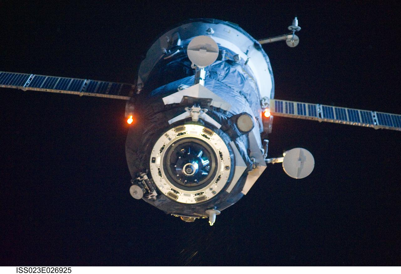 ISS023-E-026925 (22 April 2010) --- The unpiloted ISS Progress 35 supply vehicle departs from the International Space Station's Pirs Docking Compartment on April 22, 2010. Filled with trash and discarded items, the Progress will be used for scientific experiments until it is deorbited and burned up in Earth's atmosphere. Its departure clears the way for the ISS Progress 37 cargo ship that is scheduled to launch to the station April 28.