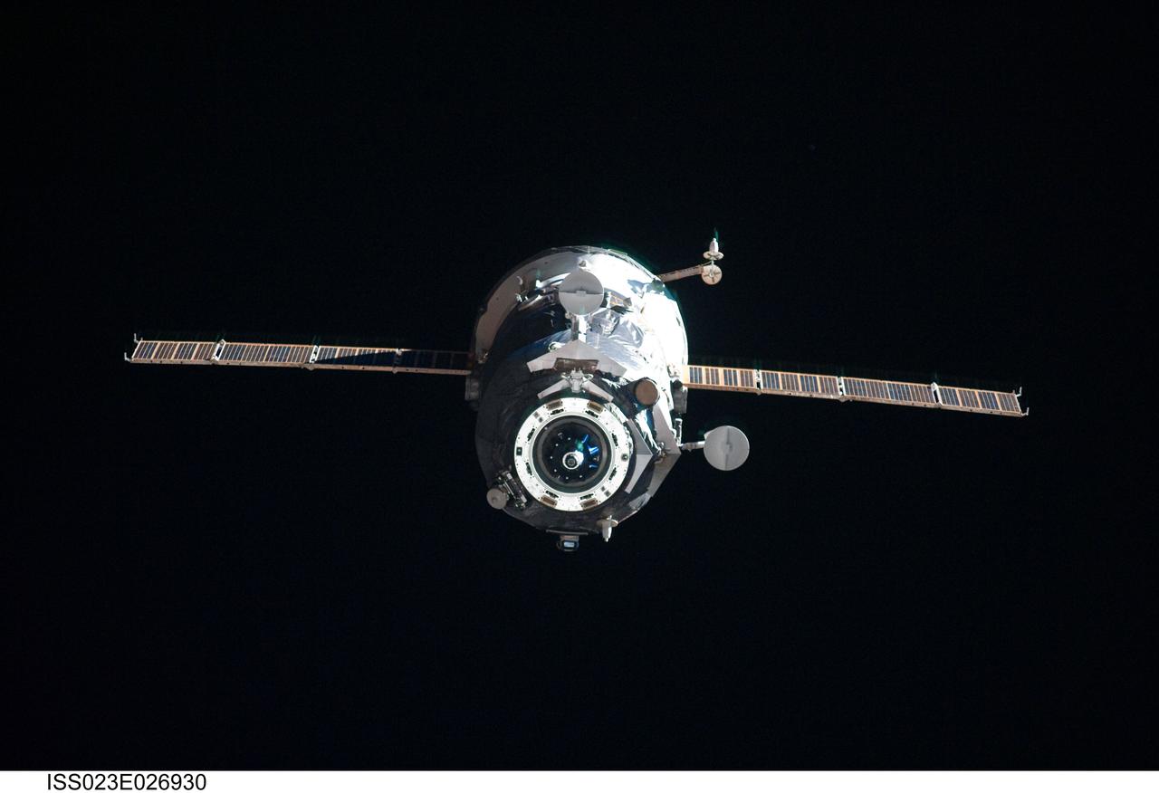 ISS023-E-026930 (22 April 2010) --- The unpiloted ISS Progress 35 supply vehicle departs from the International Space Station's Pirs Docking Compartment on April 22, 2010. Filled with trash and discarded items, the Progress will be used for scientific experiments until it is deorbited and burned up in Earth's atmosphere. Its departure clears the way for the ISS Progress 37 cargo ship that is scheduled to launch to the station April 28.