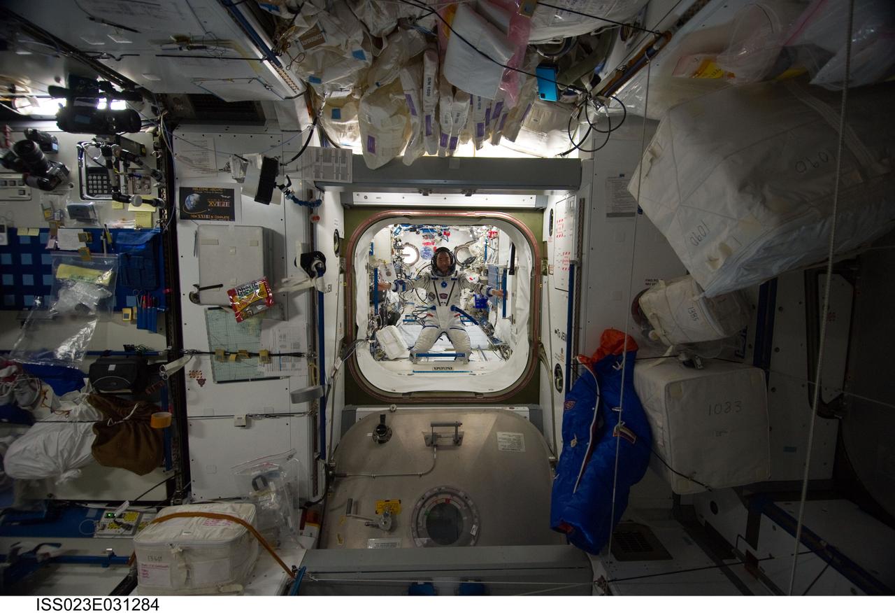 ISS023-E-031284 (3 May 2010) --- From the Harmony node, Japan Aerospace Exploration Agency (JAXA) astronaut Soichi Noguchi, Expedition 23 flight engineer, wearing his Russian Sokol launch and entry suit, is pictured in the Kibo laboratory of the International Space Station.