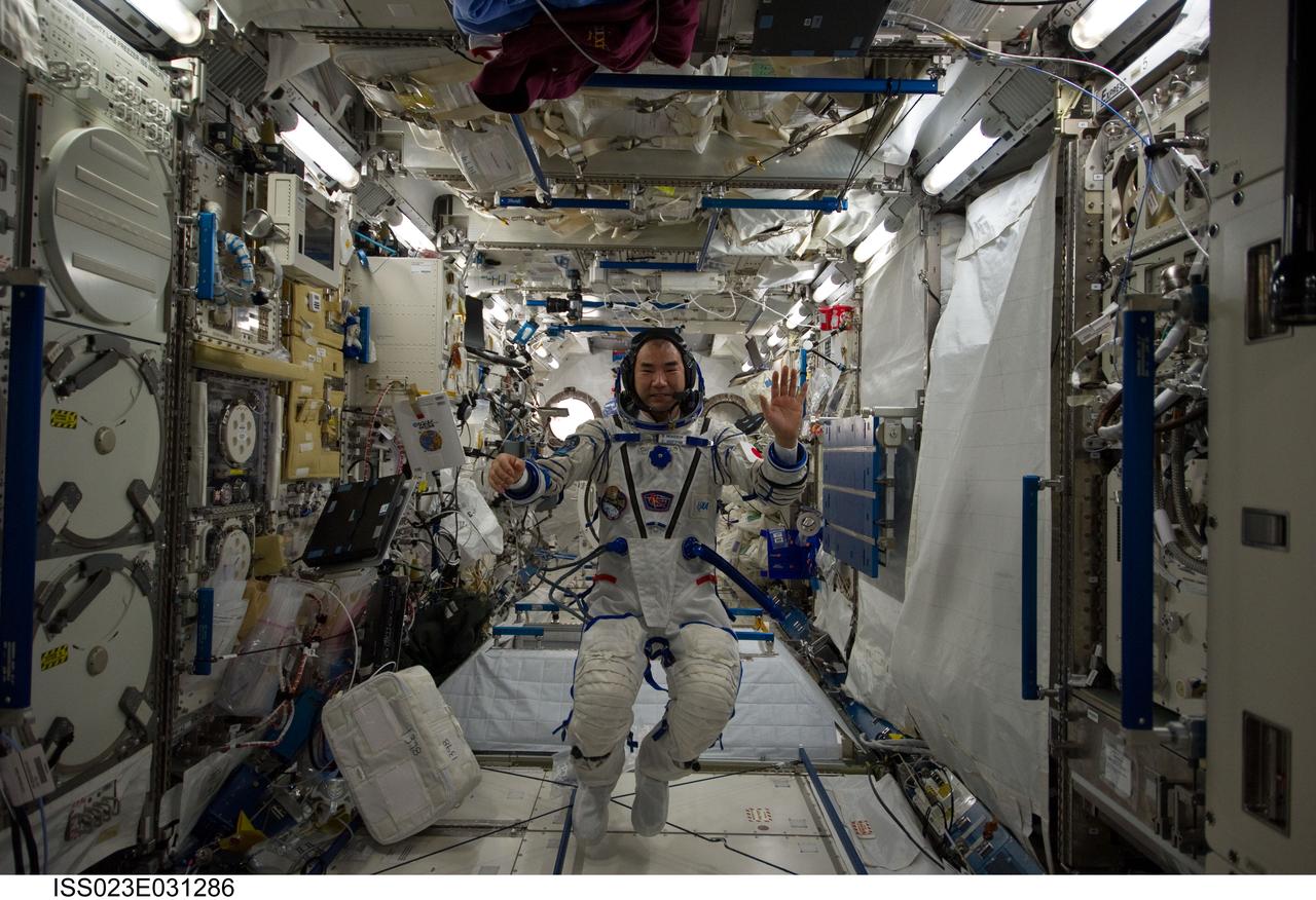 ISS023-E-031286 (3 May 2010) --- Japan Aerospace Exploration Agency (JAXA) astronaut Soichi Noguchi, Expedition 23 flight engineer, wearing his Russian Sokol launch and entry suit, is pictured floating freely in the Kibo laboratory of the International Space Station.
