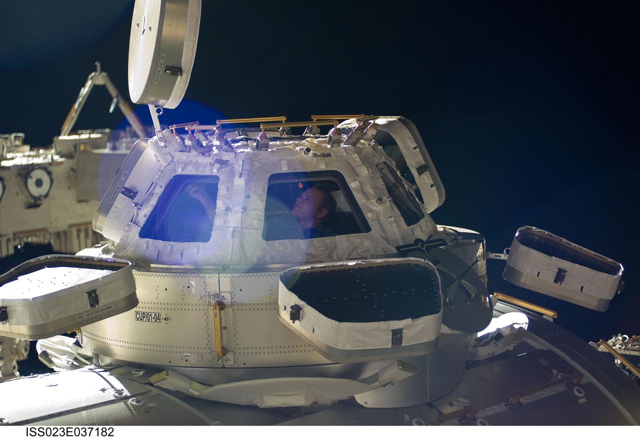 ISS023-E-037182 (9 May 2010) --- Russian cosmonaut Oleg Kotov, Expedition 23 commander, is pictured in a window of the Cupola of the International Space Station.