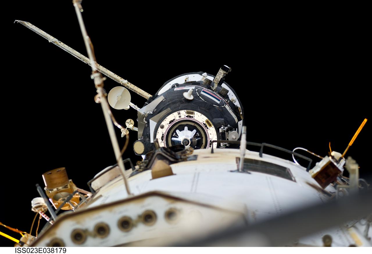 ISS023-E-038179 (10 May 2010) --- The unpiloted ISS Progress 36 resupply vehicle departs from the International Space Station?s Zvezda Service Module?s aft port on May 10, 2010. Filled with trash and discarded items, the Progress will be used for scientific experiments until it is deorbited and burned up in Earth?s atmosphere.