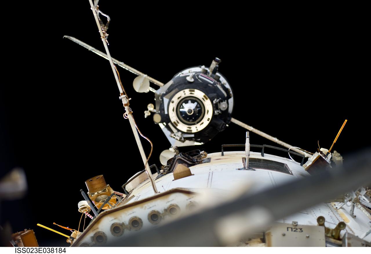 ISS023-E-038184 (10 May 2010) --- The unpiloted ISS Progress 36 resupply vehicle departs from the International Space Station?s Zvezda Service Module?s aft port on May 10, 2010. Filled with trash and discarded items, the Progress will be used for scientific experiments until it is deorbited and burned up in Earth?s atmosphere.