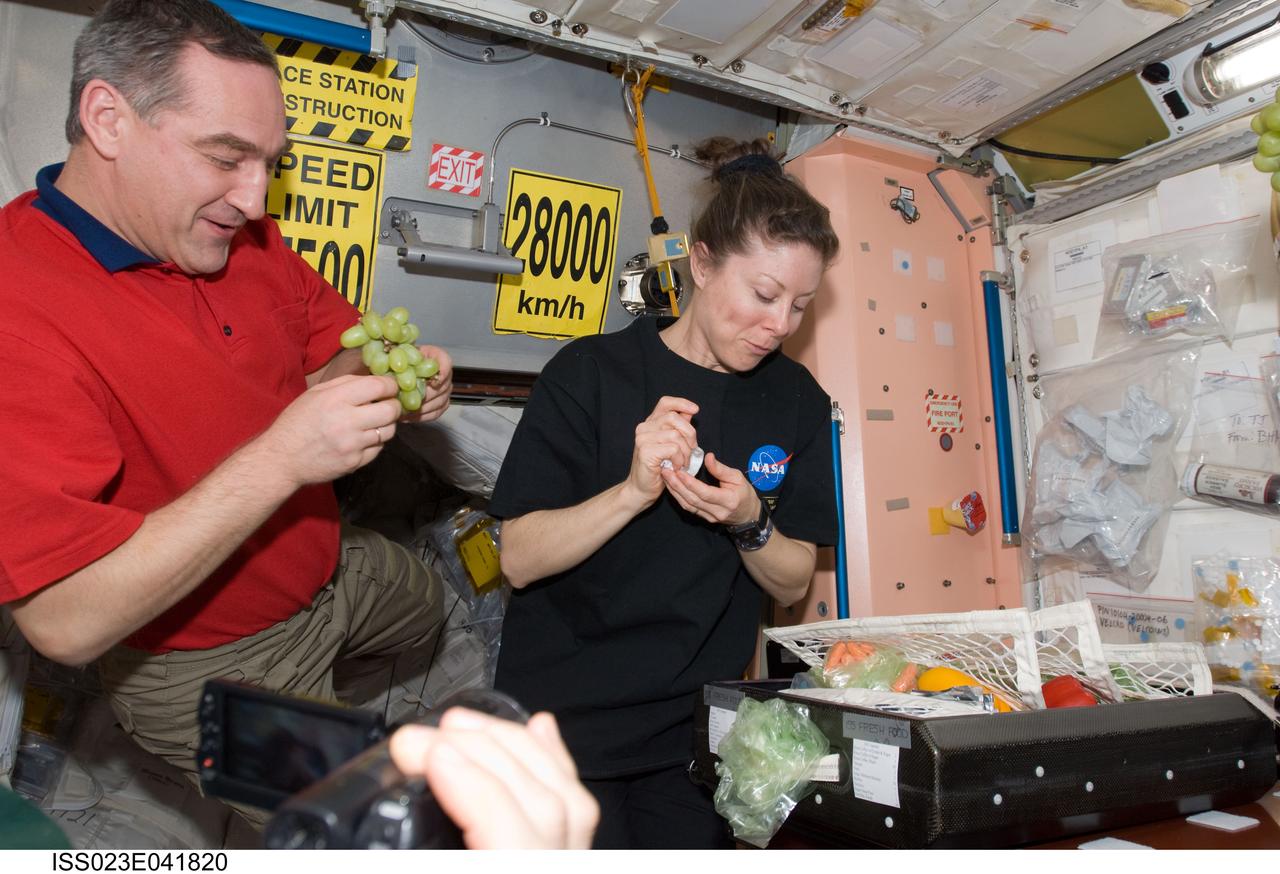 ISS023-E-041820 (16 May 2010) --- Russian cosmonaut Alexander Skvortsov and NASA astronaut Tracy Caldwell Dyson, both Expedition 23 flight engineers, enjoy fresh fruit and vegetables in the Unity node of the International Space Station while space shuttle Atlantis (STS-132) remains docked with the station.