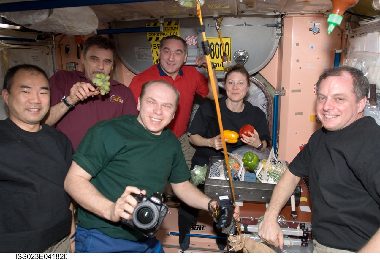 ISS023-E-041826 (16 May 2010) --- The Expedition 23 crew members are pictured in the Unity node of the International Space Station while space shuttle Atlantis (STS-132) remains docked with the station. Pictured clockwise (from the center foreground) are Russian cosmonaut Oleg Kotov, commander; Japan Aerospace Exploration Agency (JAXA) astronaut Soichi Noguchi, Russian cosmonauts Mikhail Kornienko and Alexander Skvortsov; along with NASA astronauts Tracy Caldwell Dyson and T.J. Creamer, all flight engineers.