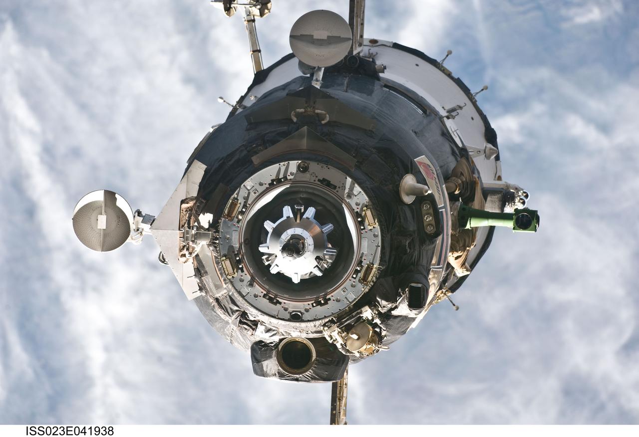 ISS023-E-041938 (12 May 2010) --- The Soyuz TMA-17 spacecraft is featured in this image photographed by an Expedition 23 crew member on the International Space Station during the relocation of the Soyuz from the Zarya nadir port to the Zvezda Service Module aft port, freeing up Zarya?s nadir port for the installation of the Rassvet Mini-Research Module 1 (MRM1) during the upcoming STS-132/ULF-4 mission. Russian cosmonaut Oleg Kotov, Soyuz and Expedition 23 commander; along with NASA astronaut T.J. Creamer and Japan Aerospace Exploration Agency (JAXA) astronaut Soichi Noguchi, both flight engineers, undocked the Soyuz spacecraft at 8:26 a.m. (CDT) and docked it to Zvezda at 8:53 a.m. on May 12, 2010.