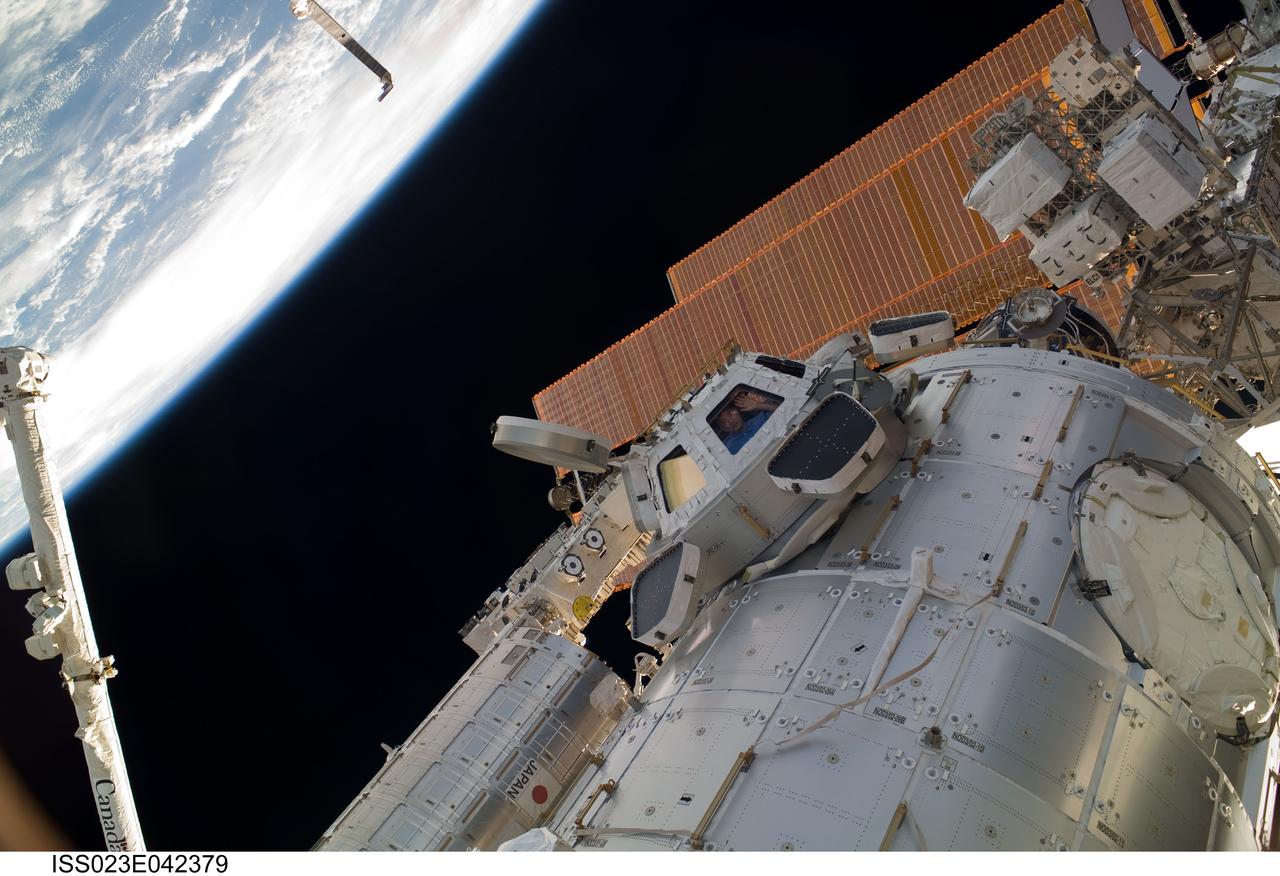 ISS023-E-042379 (10 May 2010) --- Japan Aerospace Exploration Agency (JAXA) astronaut Soichi Noguchi, Expedition 23 flight engineer, is pictured in a window of the Cupola of the International Space Station. Earth?s horizon and the blackness of space provide the backdrop for the scene.