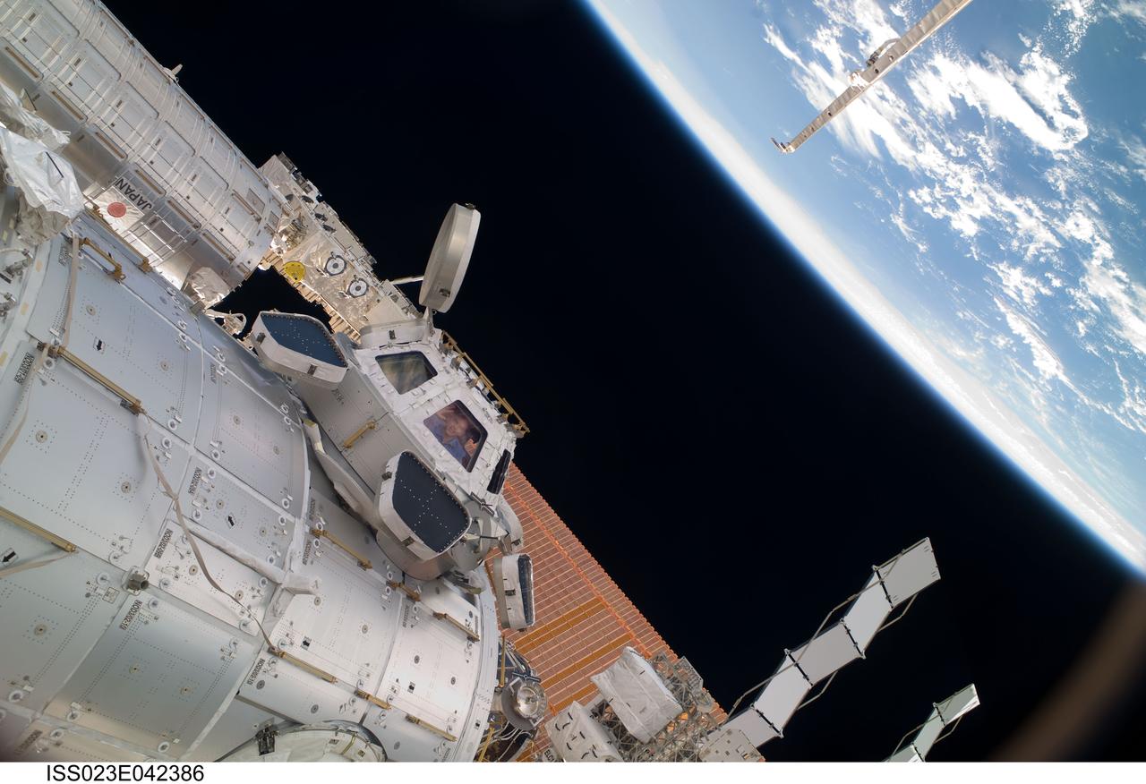 ISS023-E-042386 (10 May 2010) --- Russian cosmonaut Oleg Kotov, Expedition 23 commander, is pictured in a window of the Cupola of the International Space Station. Earth?s horizon and the blackness of space provide the backdrop for the scene.