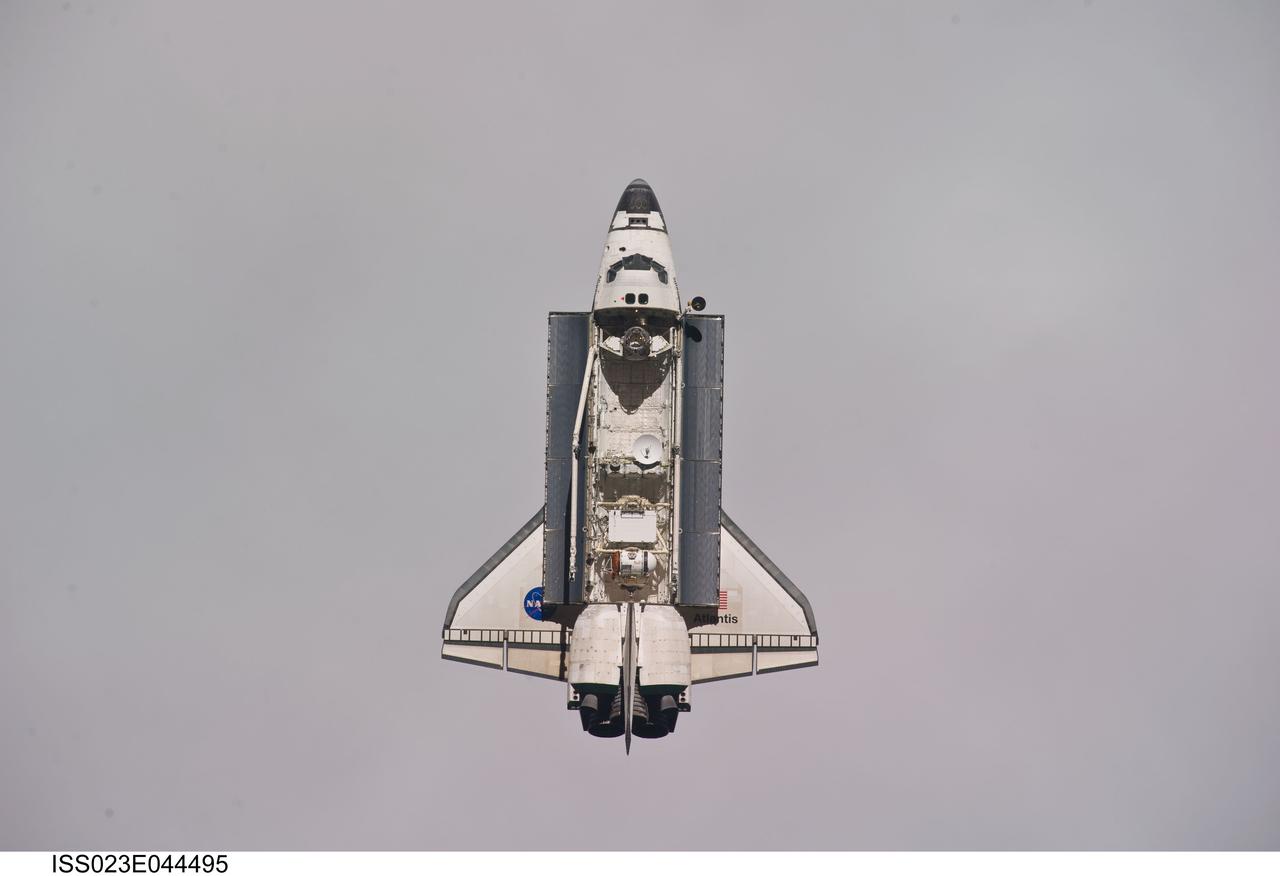 ISS023-E-044495 (16 May 2010) --- Space shuttle Atlantis is featured in this image photographed by an Expedition 23 crew member as the shuttle approaches the International Space Station during STS-132 rendezvous and docking operations. Docking occurred at 9:28 a.m. (CDT) on May 16, 2010.
