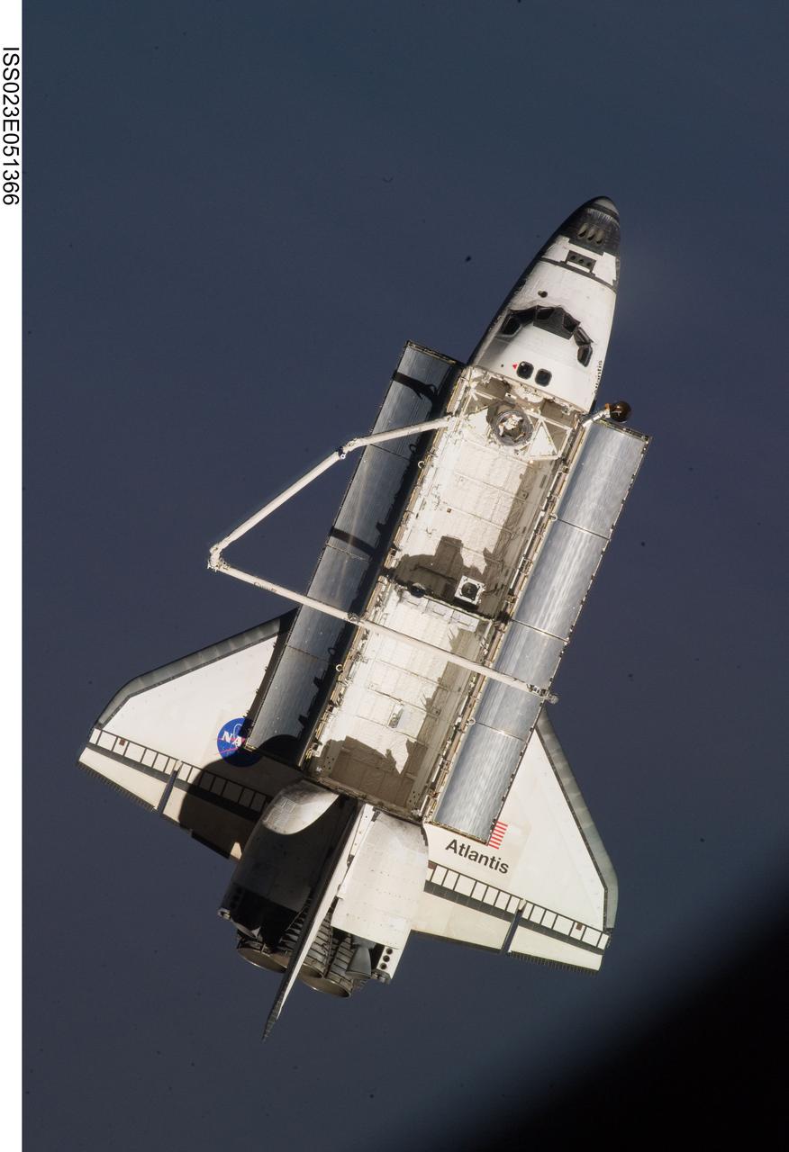 ISS023-E-051366 (23 May 2010) --- Space shuttle Atlantis is featured in this image photographed by an Expedition 23 crew member on the International Space Station soon after the shuttle and station began their post-undocking relative separation. Undocking of the two spacecraft occurred at 10:22 a.m. (CDT) on May 23, 2010, ending a seven-day stay that saw the addition of a new station module, replacement of batteries and resupply of the orbiting outpost.