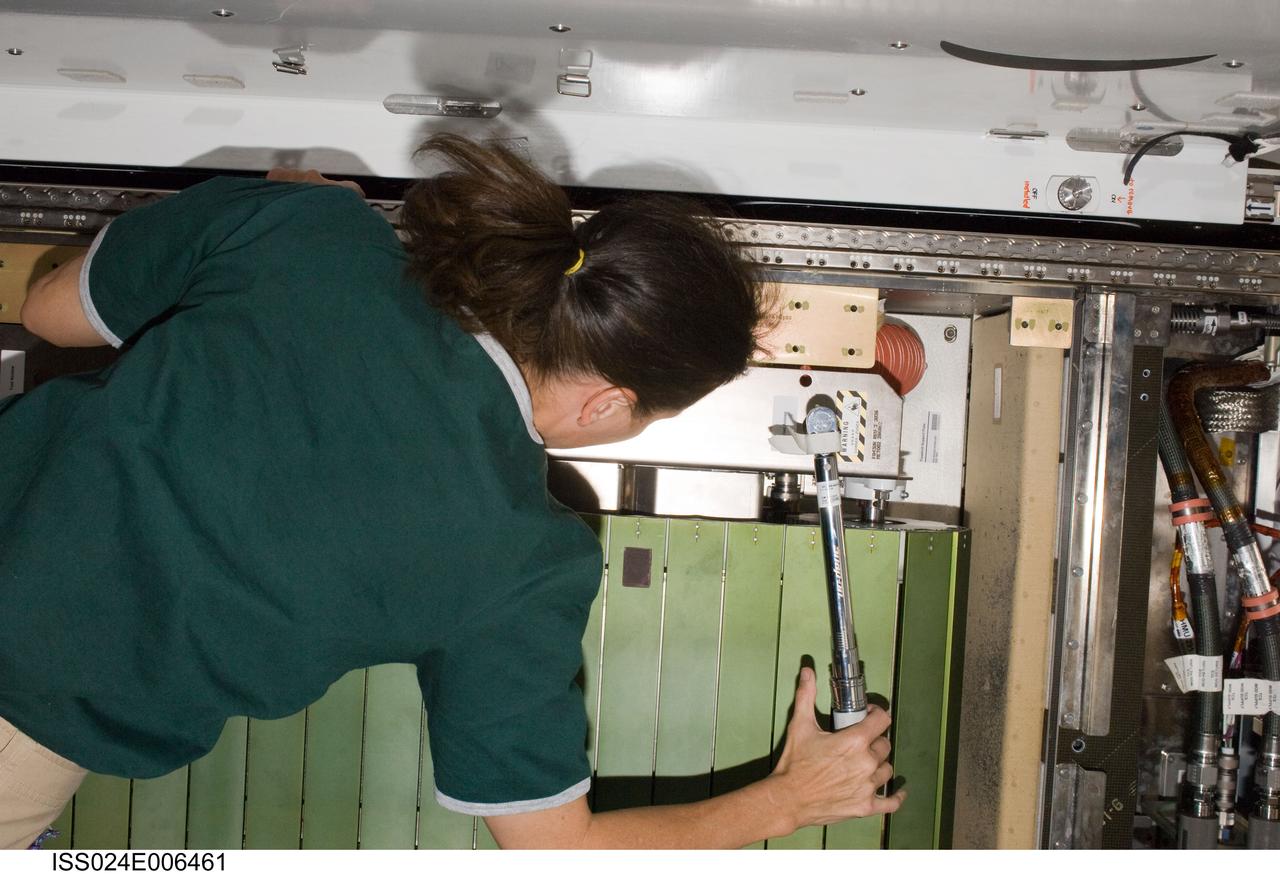 ISS024-E-006461 (24 June 2010) --- NASA astronaut Shannon Walker, Expedition 24 flight engineer, performs routine in-flight maintenance (IFM) on the Combined Operational Load Bearing External Resistance Treadmill (COLBERT) in the Tranquility node of the International Space Station.