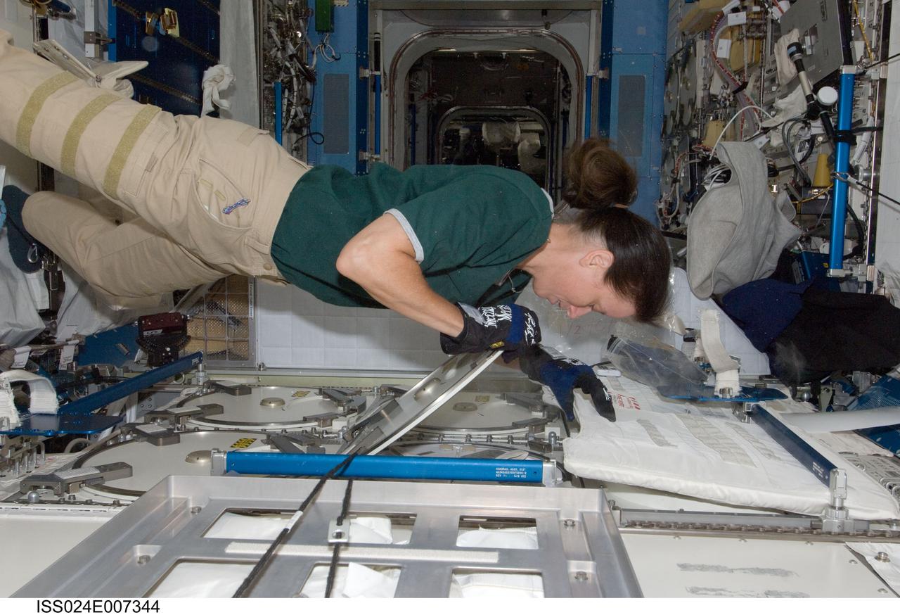 ISS024-E-007344 (2 July 2010) --- After inserting biological samples, NASA astronaut Shannon Walker, Expedition 24 flight engineer, replaces a dewar tray in the Minus Eighty Laboratory Freezer for ISS (MELFI-1) in the Kibo laboratory of the International Space Station.